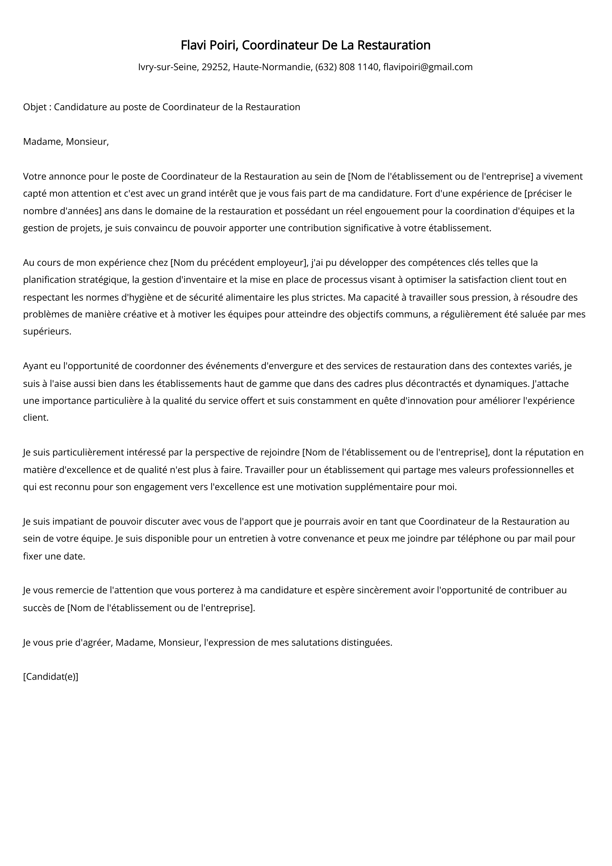 Coordinateur De La Restauration Cover Letter Example