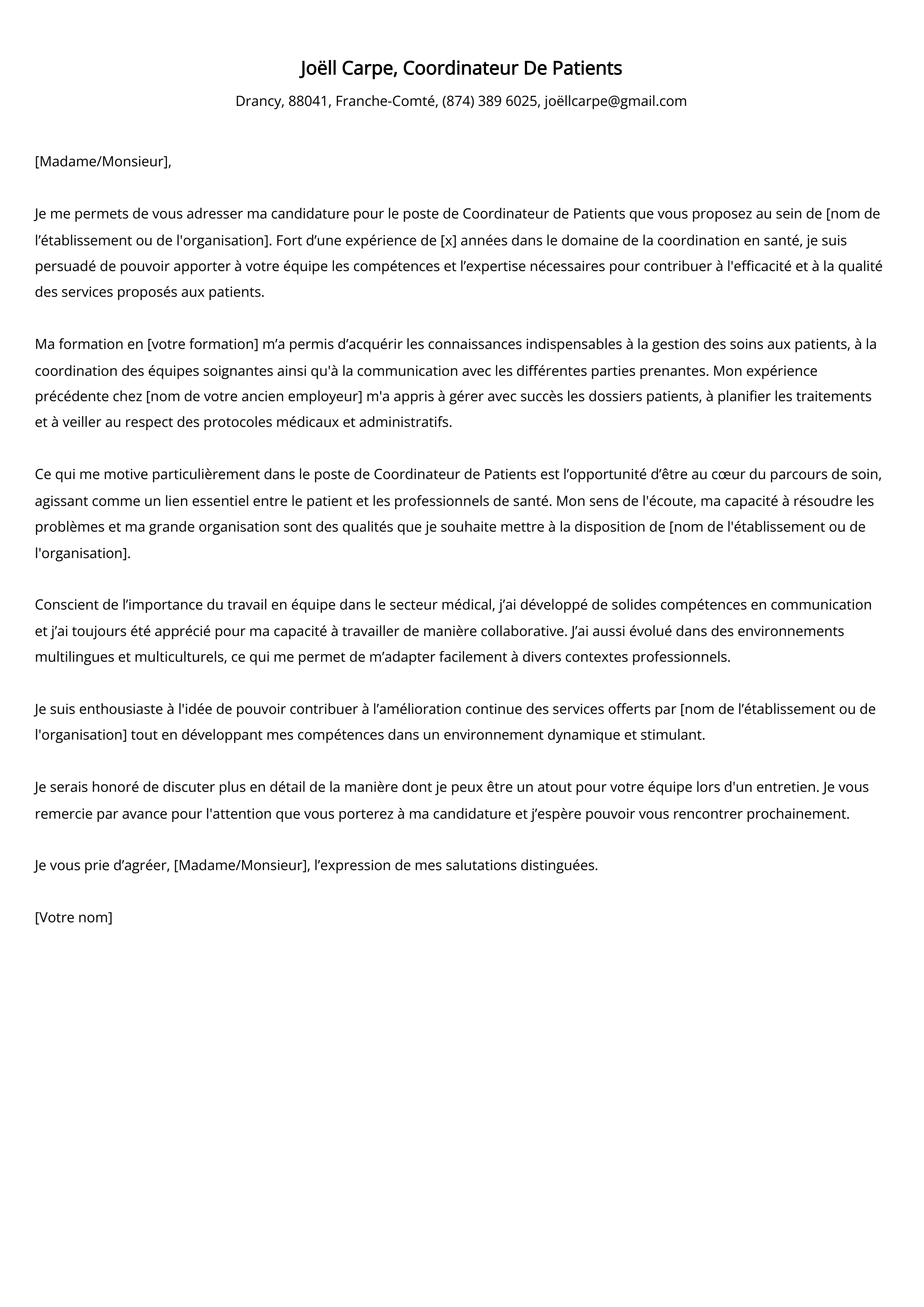 Coordinateur de patients Exemple de lettre de motivation