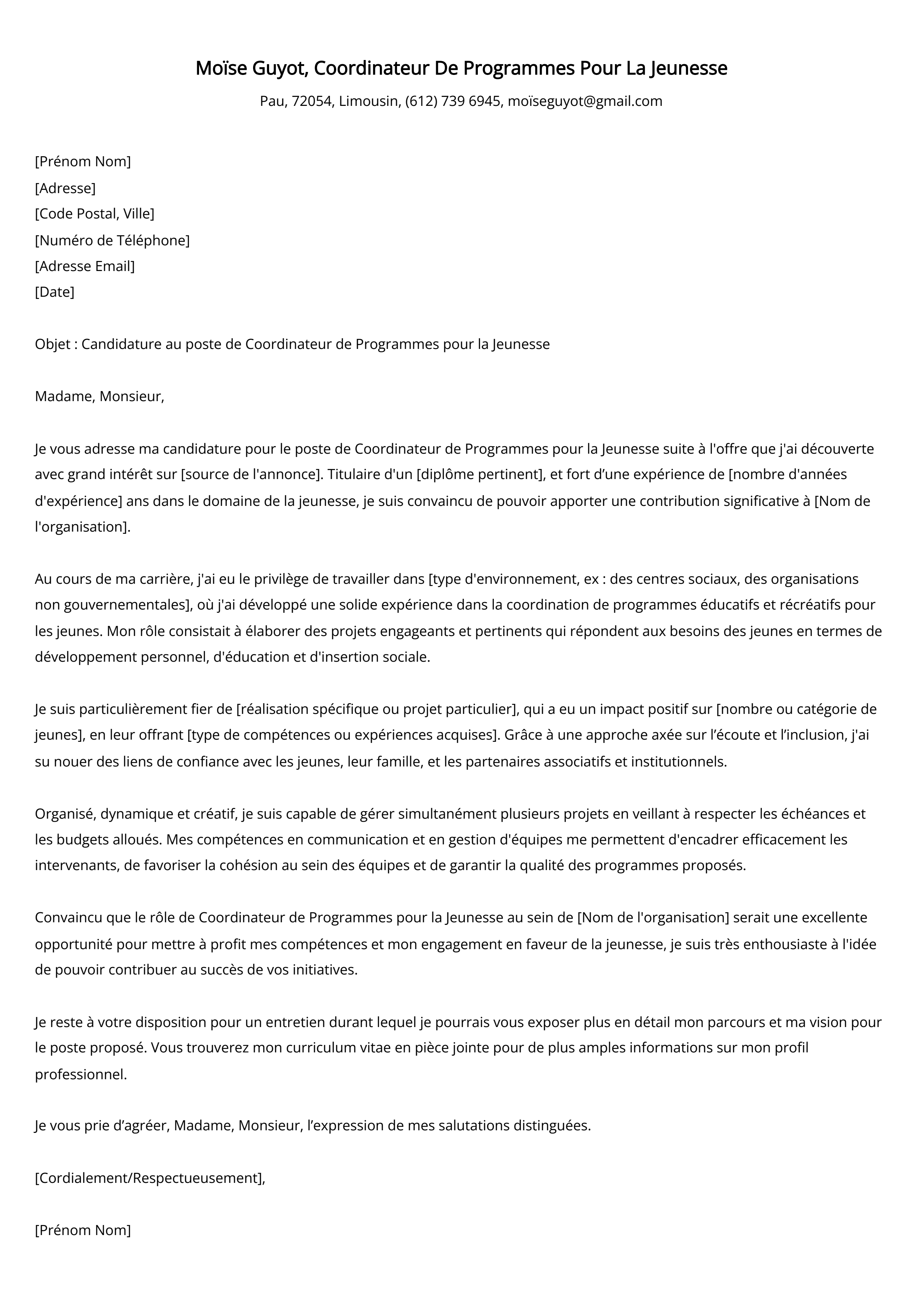 Exemple de lettre de motivation pour le coordinateur de programmes pour la jeunesse