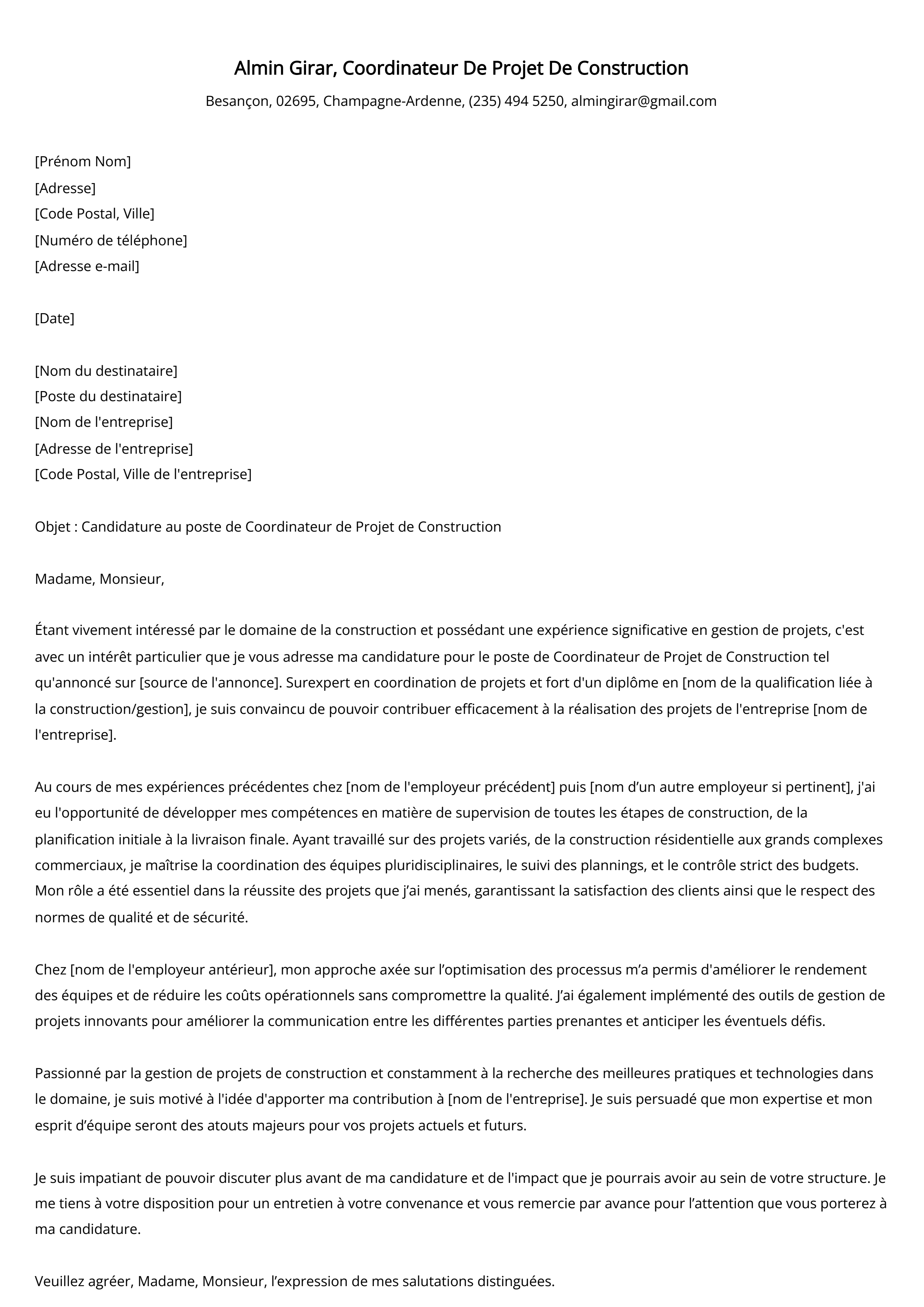 Coordinateur De Projet De Construction Cover Letter Example