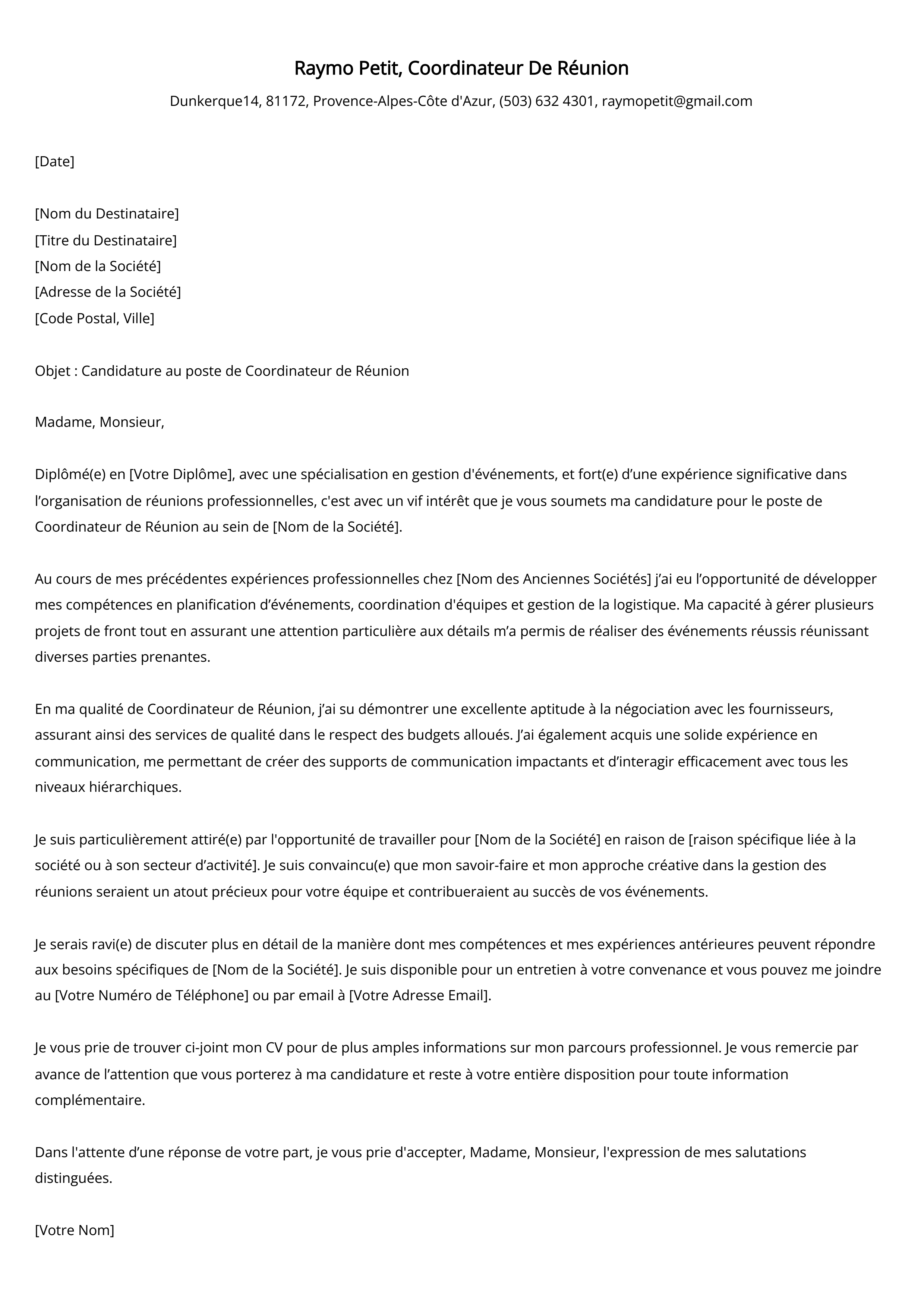 Coordinateur De Réunion Cover Letter Example