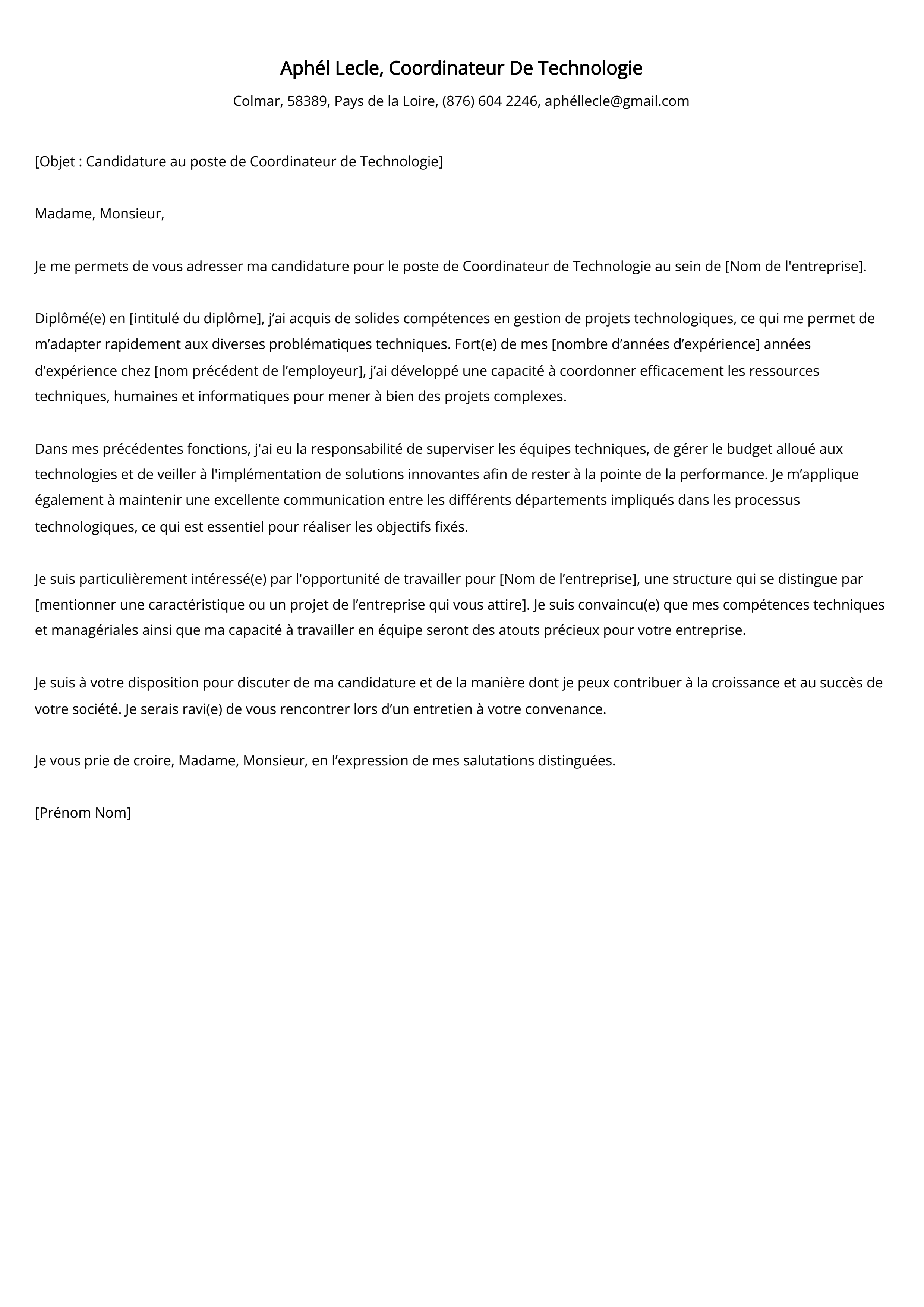 Coordinateur De Technologie Cover Letter Example