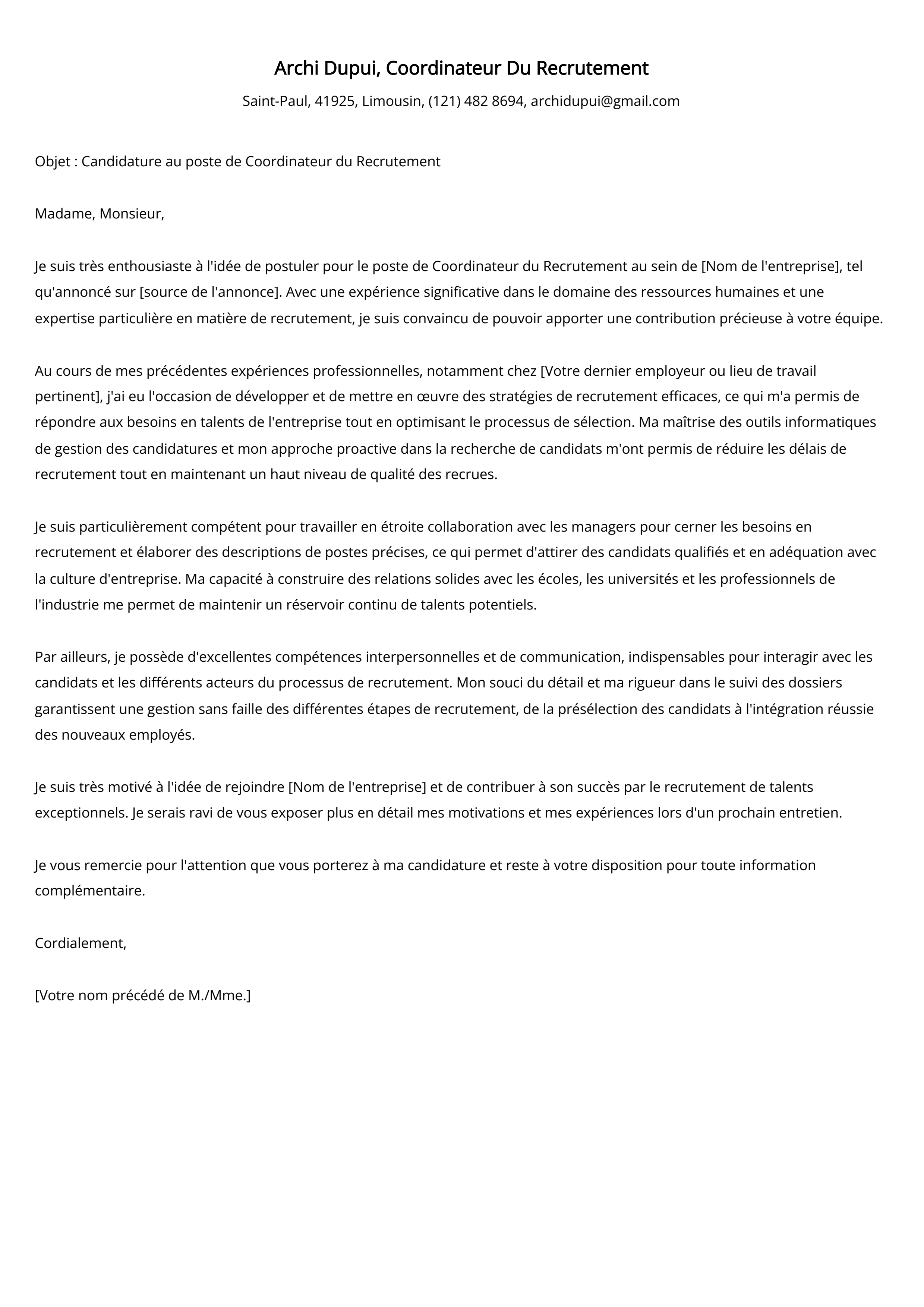 Coordinateur Du Recrutement Exemple de lettre de motivation