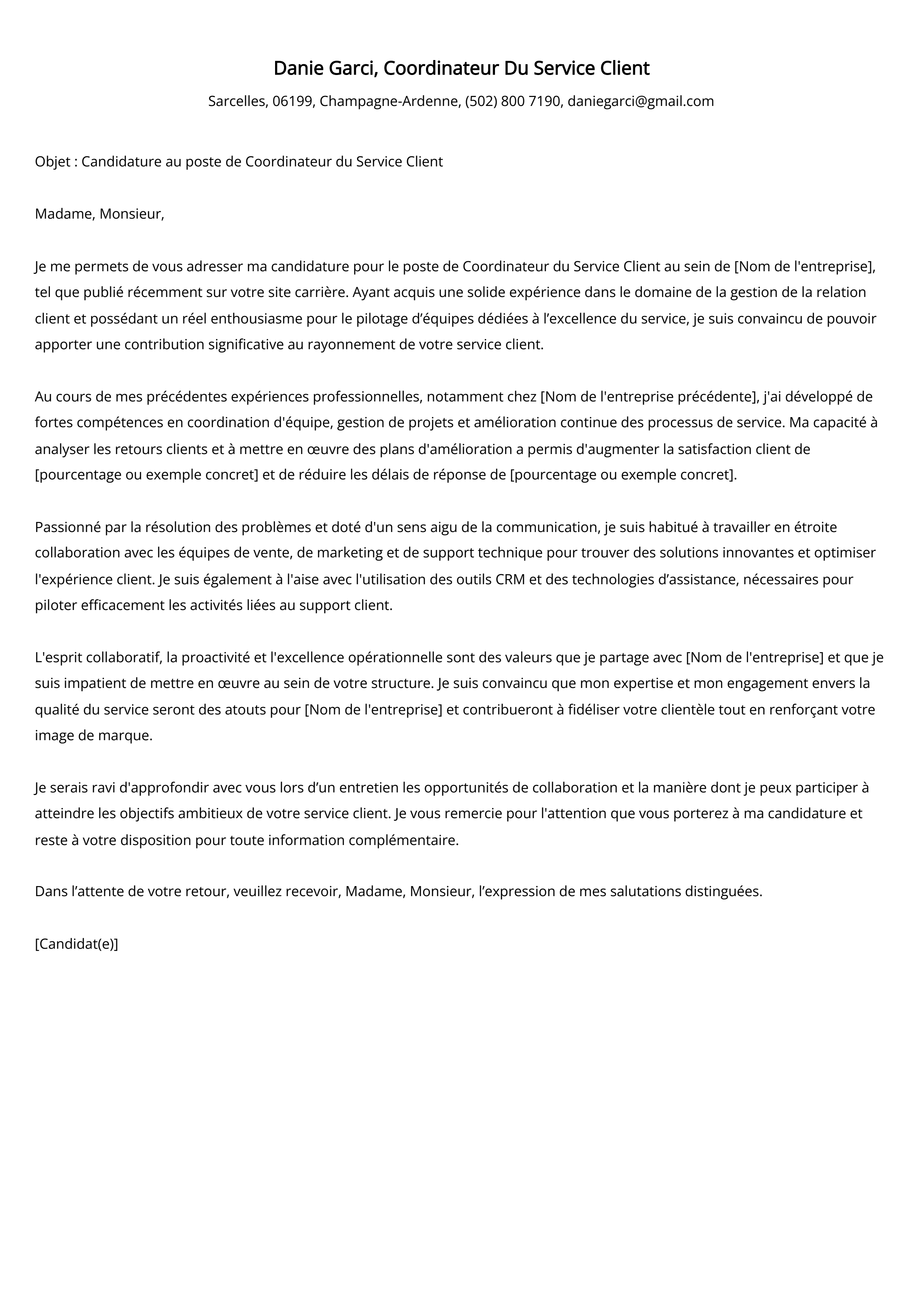 Coordinateur Du Service Client Cover Letter Example