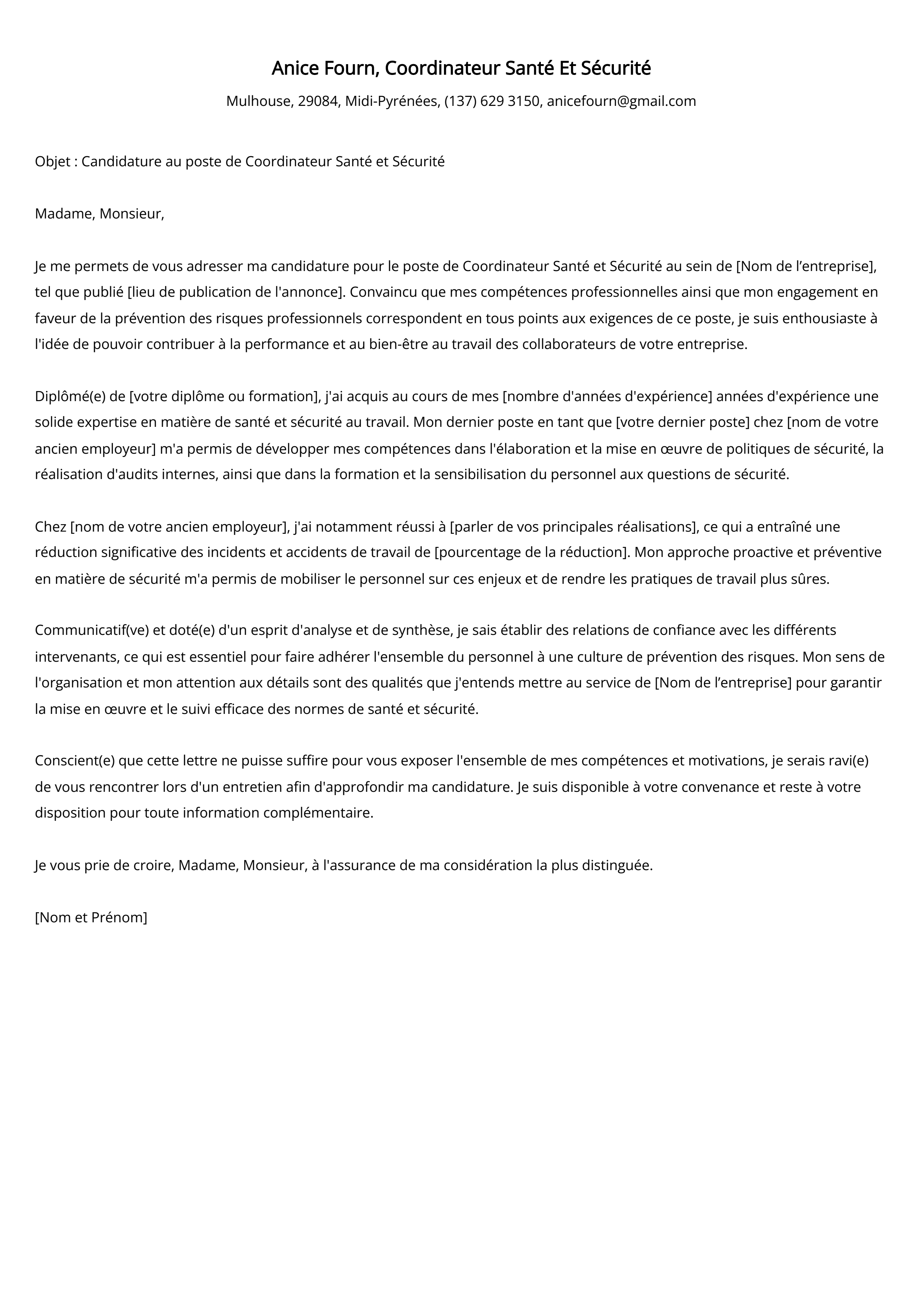 Coordinateur Santé Et Sécurité Cover Letter Example