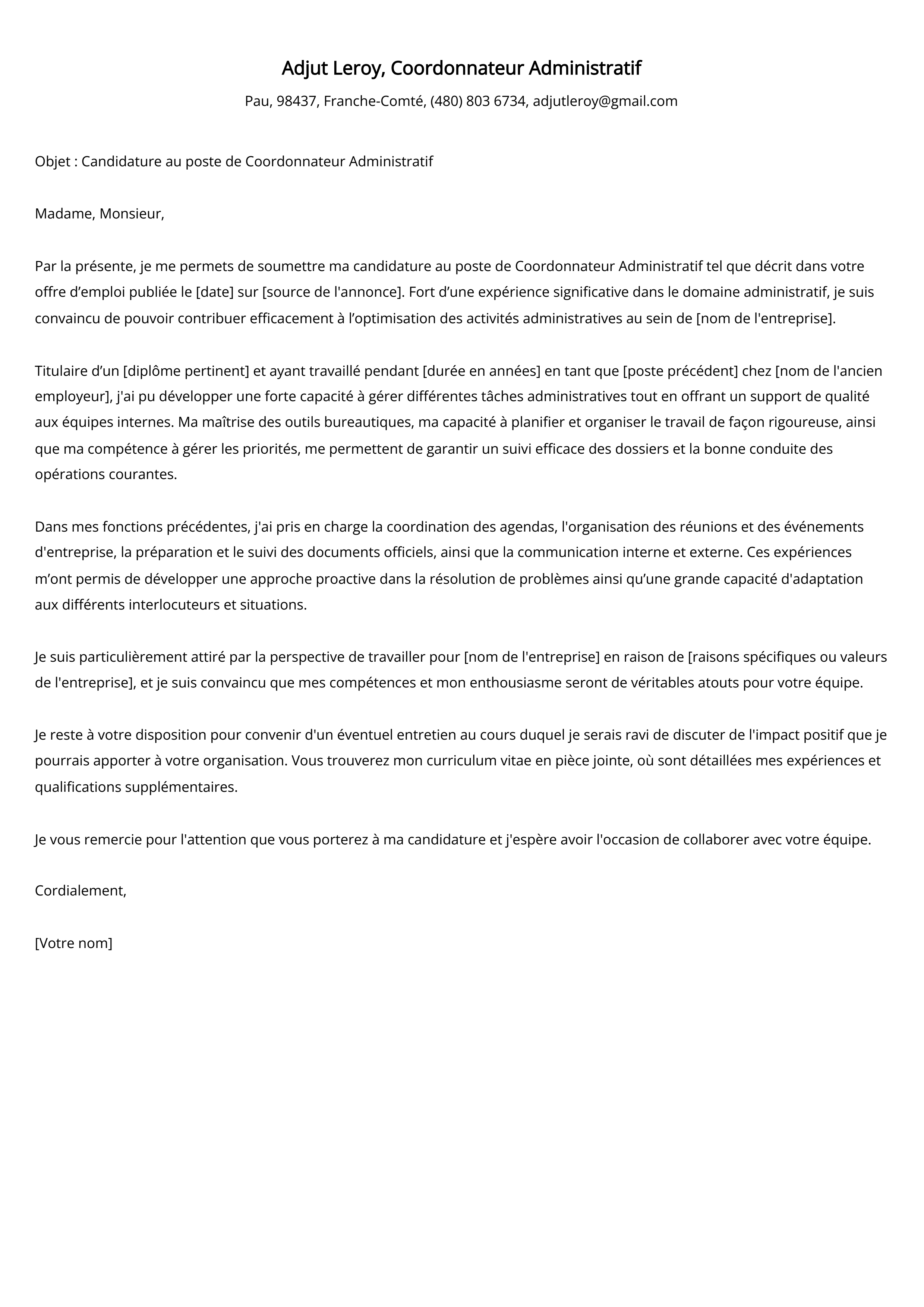 Coordonnateur Administratif Cover Letter Example