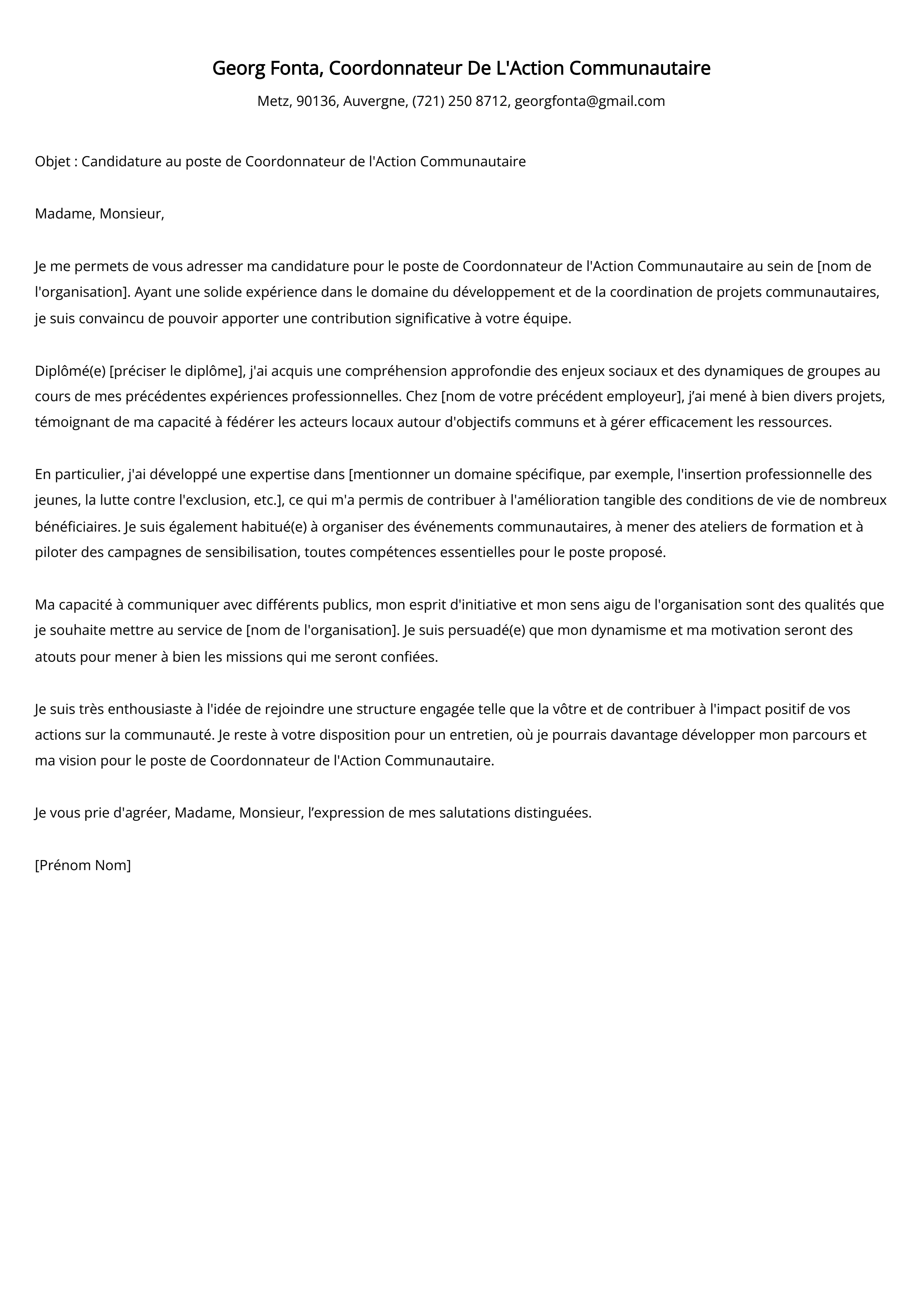 Coordonnateur De L'Action Communautaire Exemple de lettre de motivation