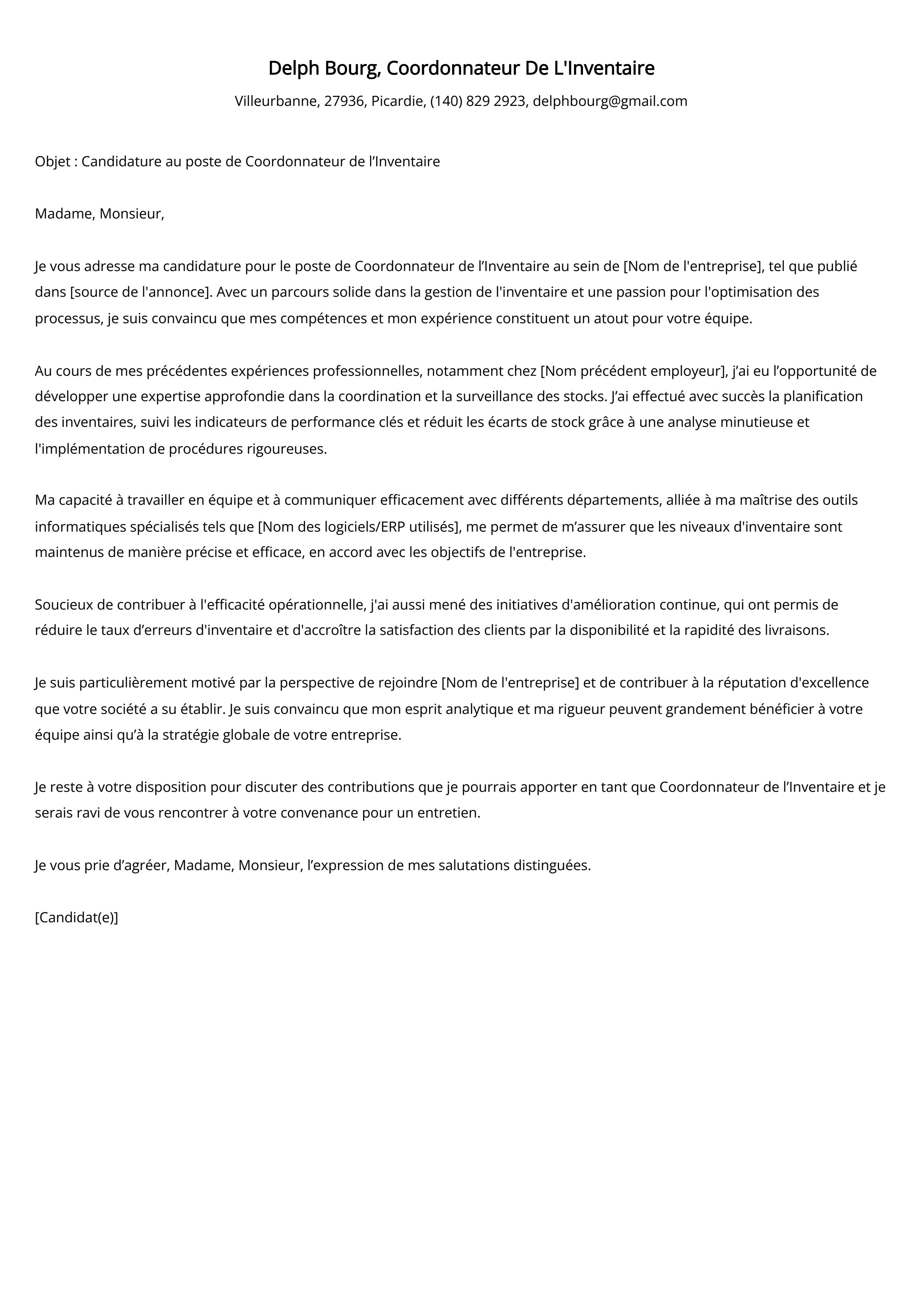 Coordonnateur De L'Inventaire Exemple de lettre de motivation