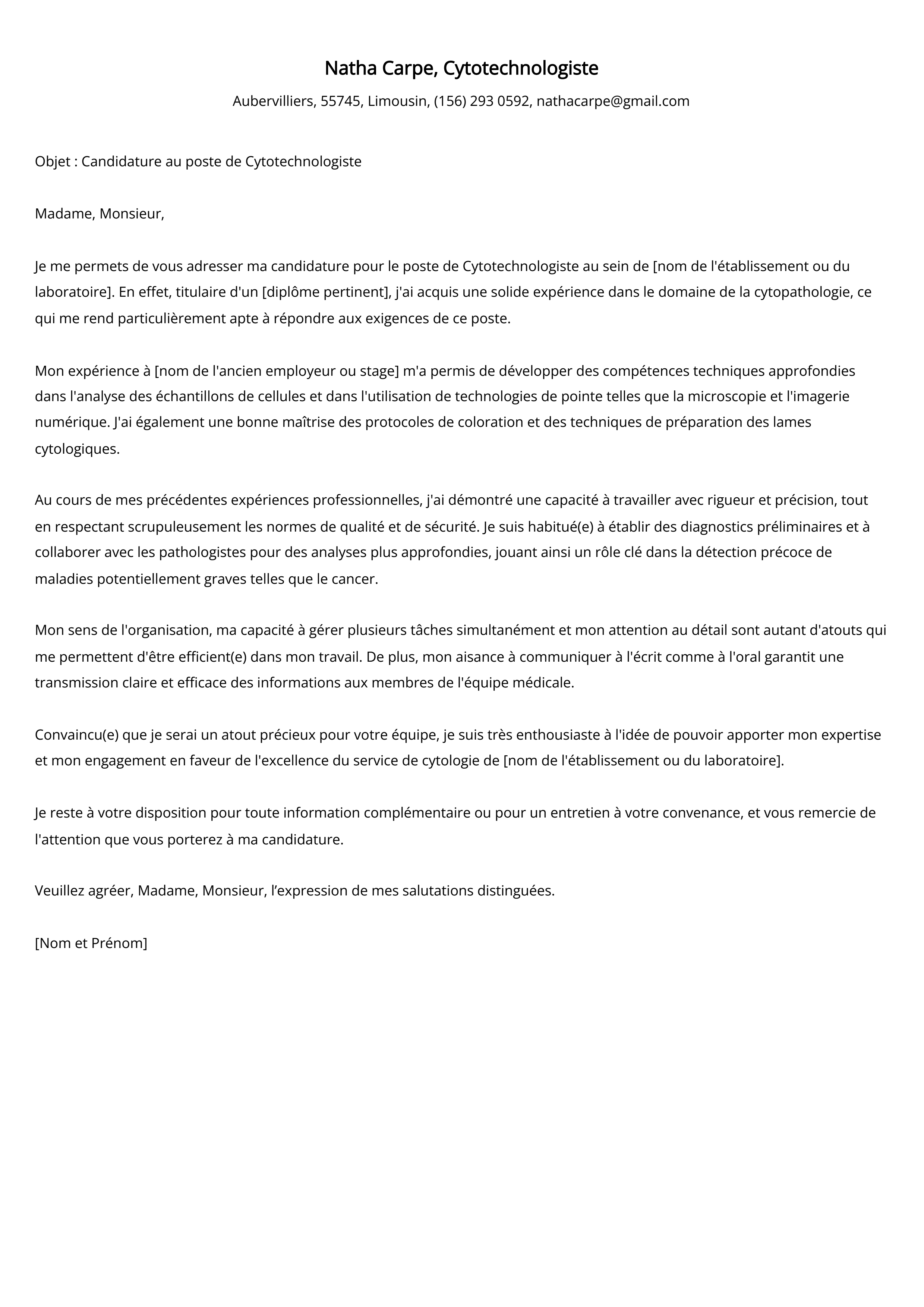 Exemple de lettre de motivation Cytotechnologistee