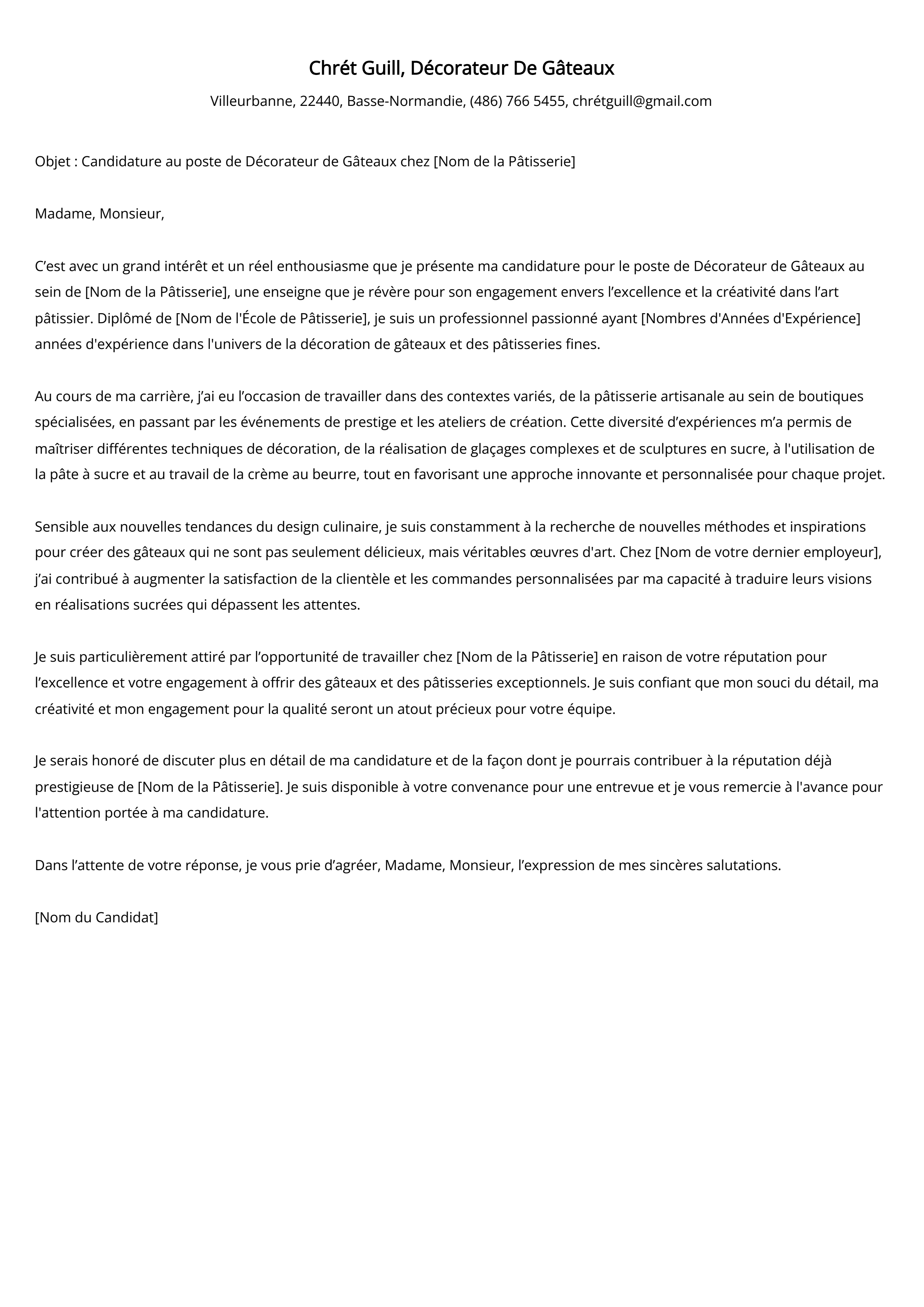 Décorateur De Gâteaux Cover Letter Example