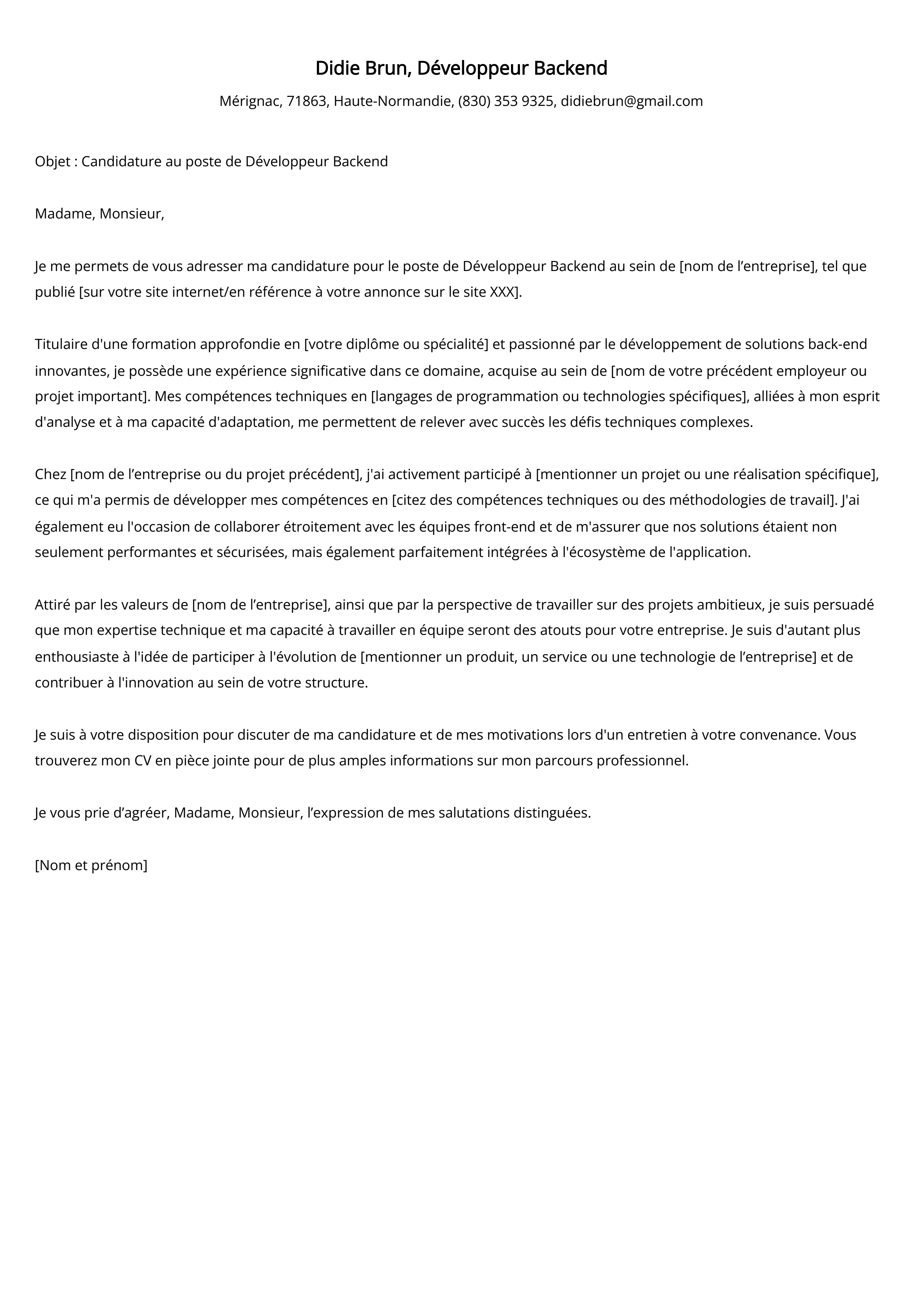 Développeur Backend Cover Letter Example