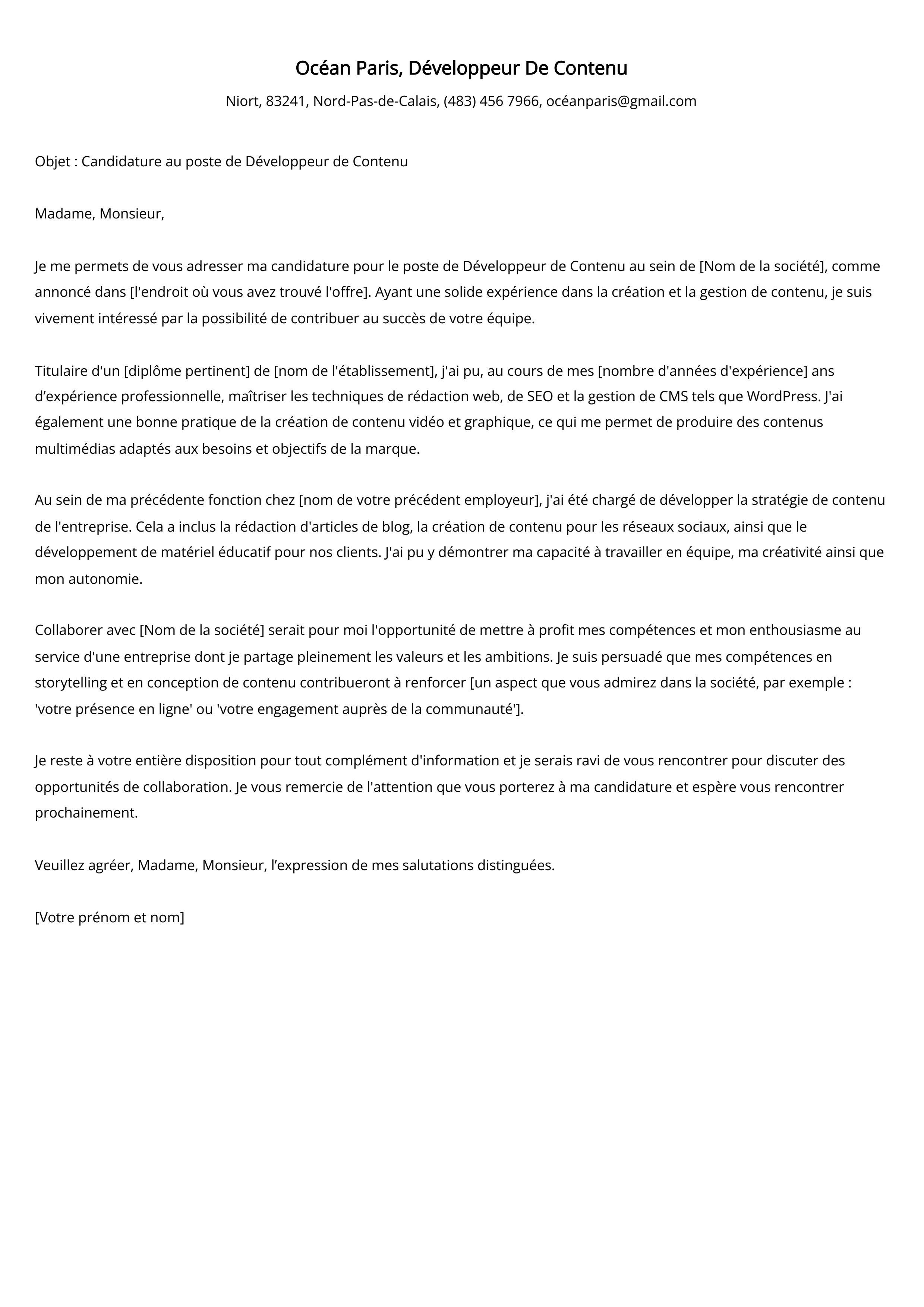 Développeur De Contenu Cover Letter Example