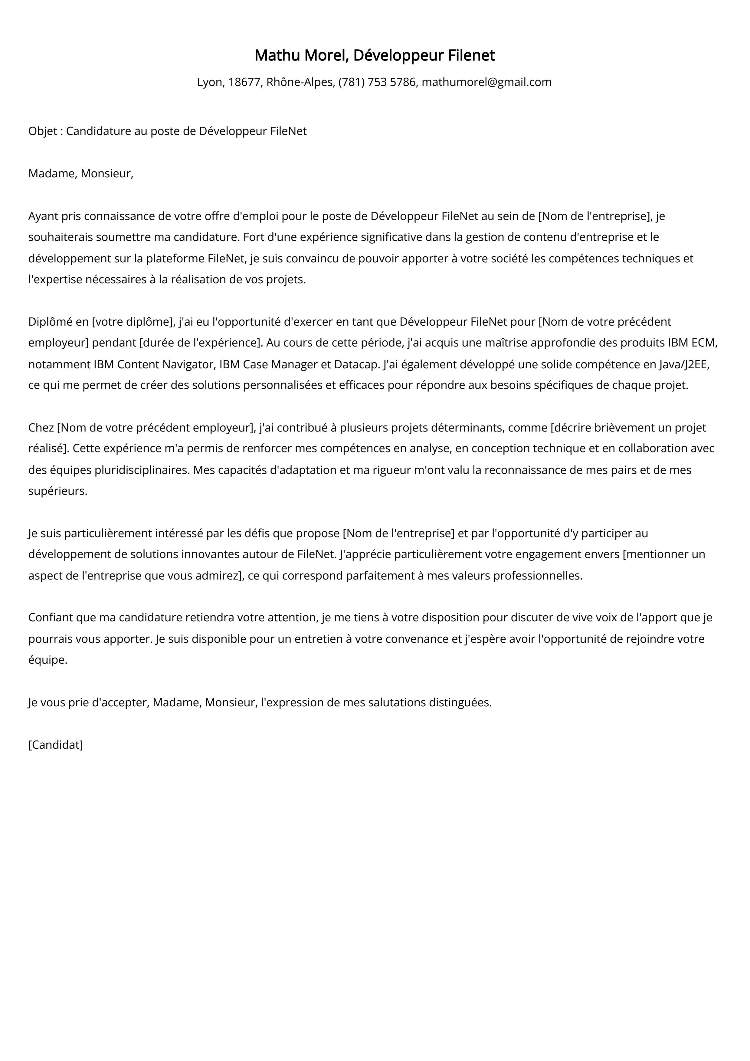 Développeur Filenet Cover Letter Example