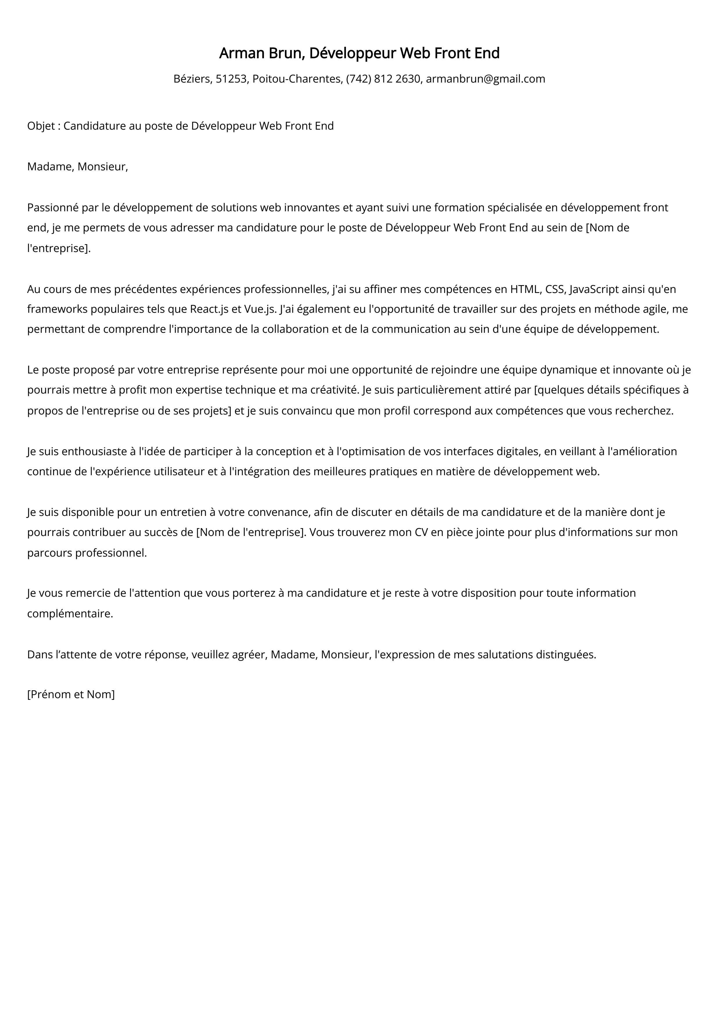 Développeur Web Front End Cover Letter Example