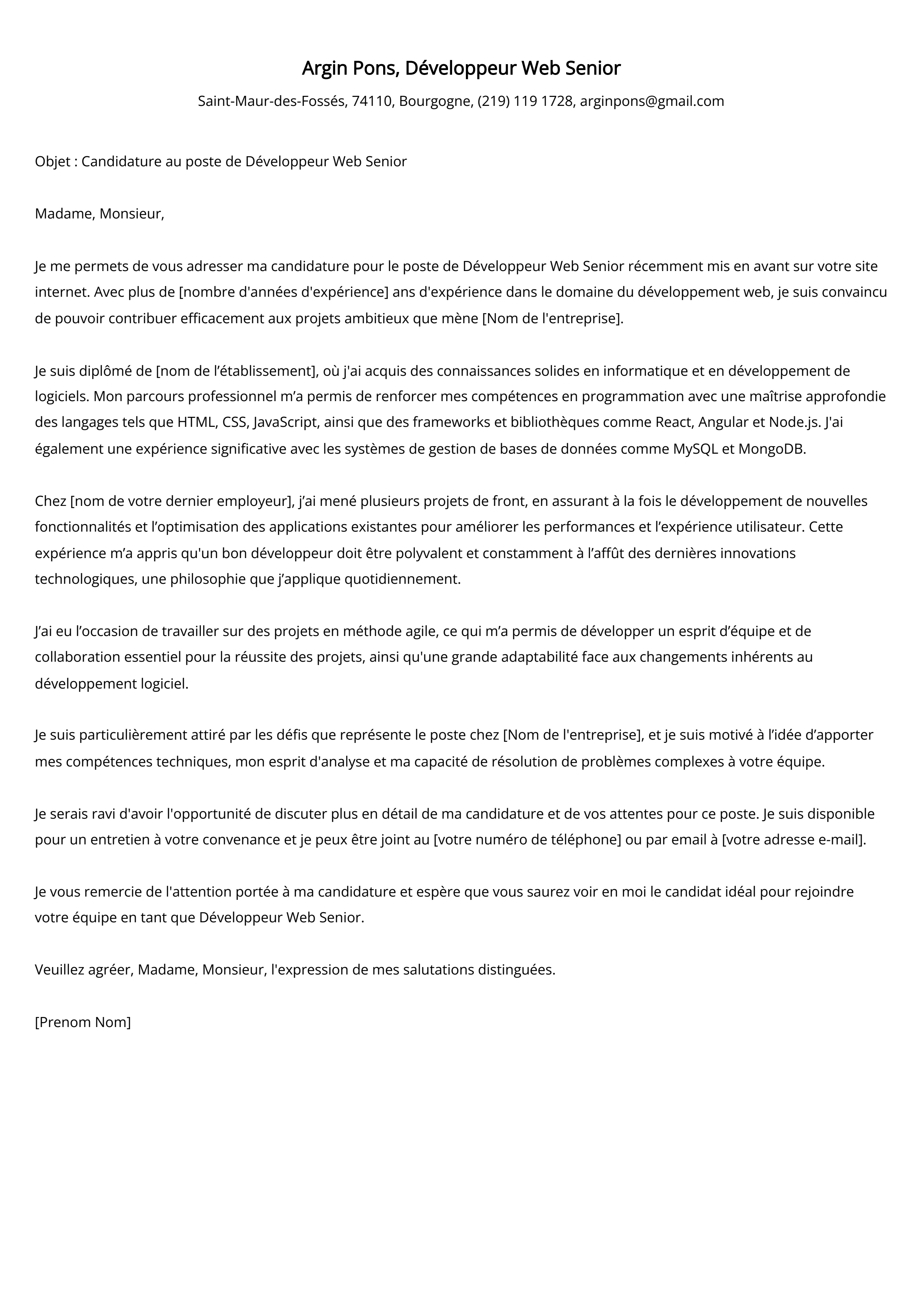 Développeur Web Senior Cover Letter Example