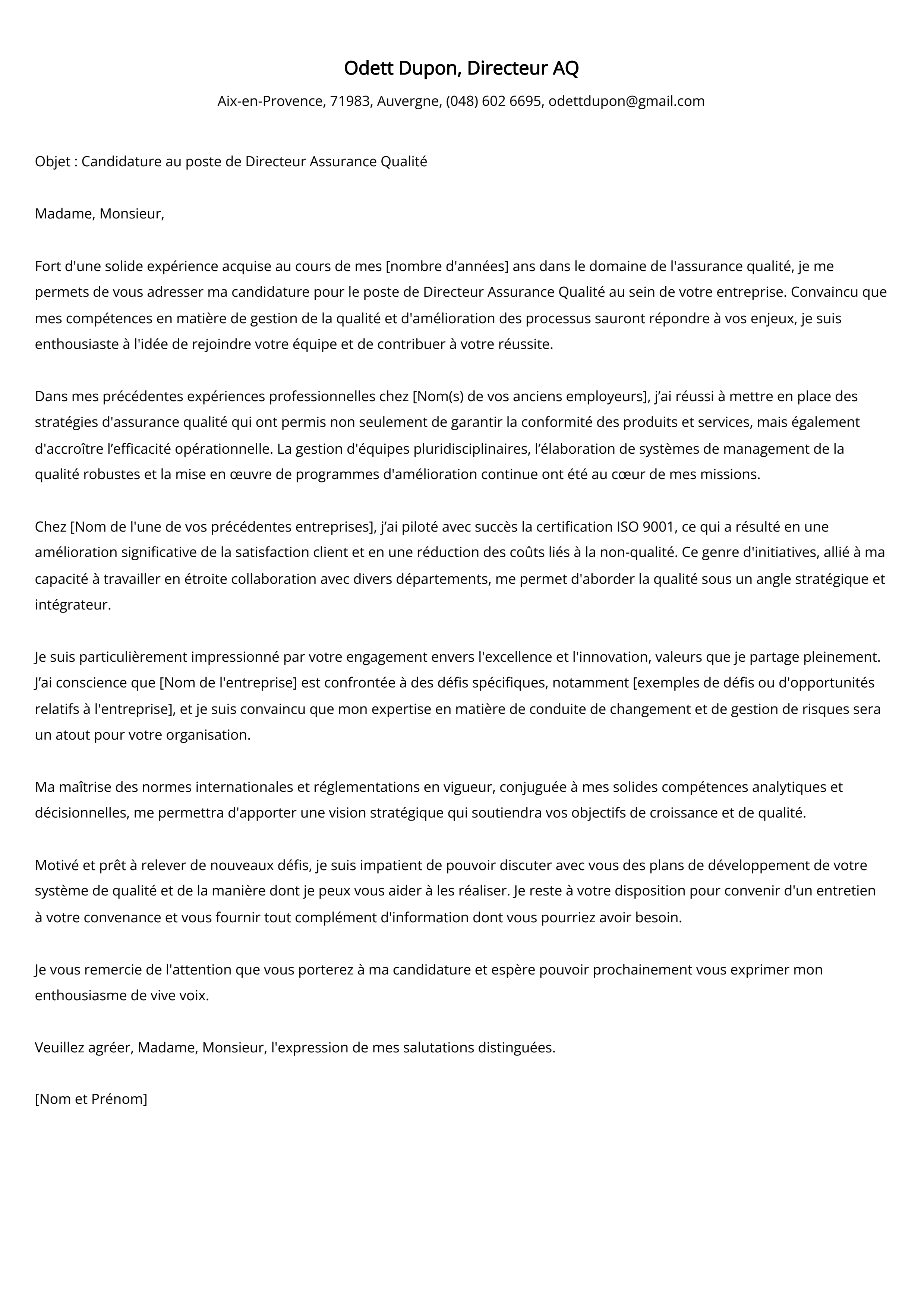 Exemple de lettre de couverture pour Directeur AQ