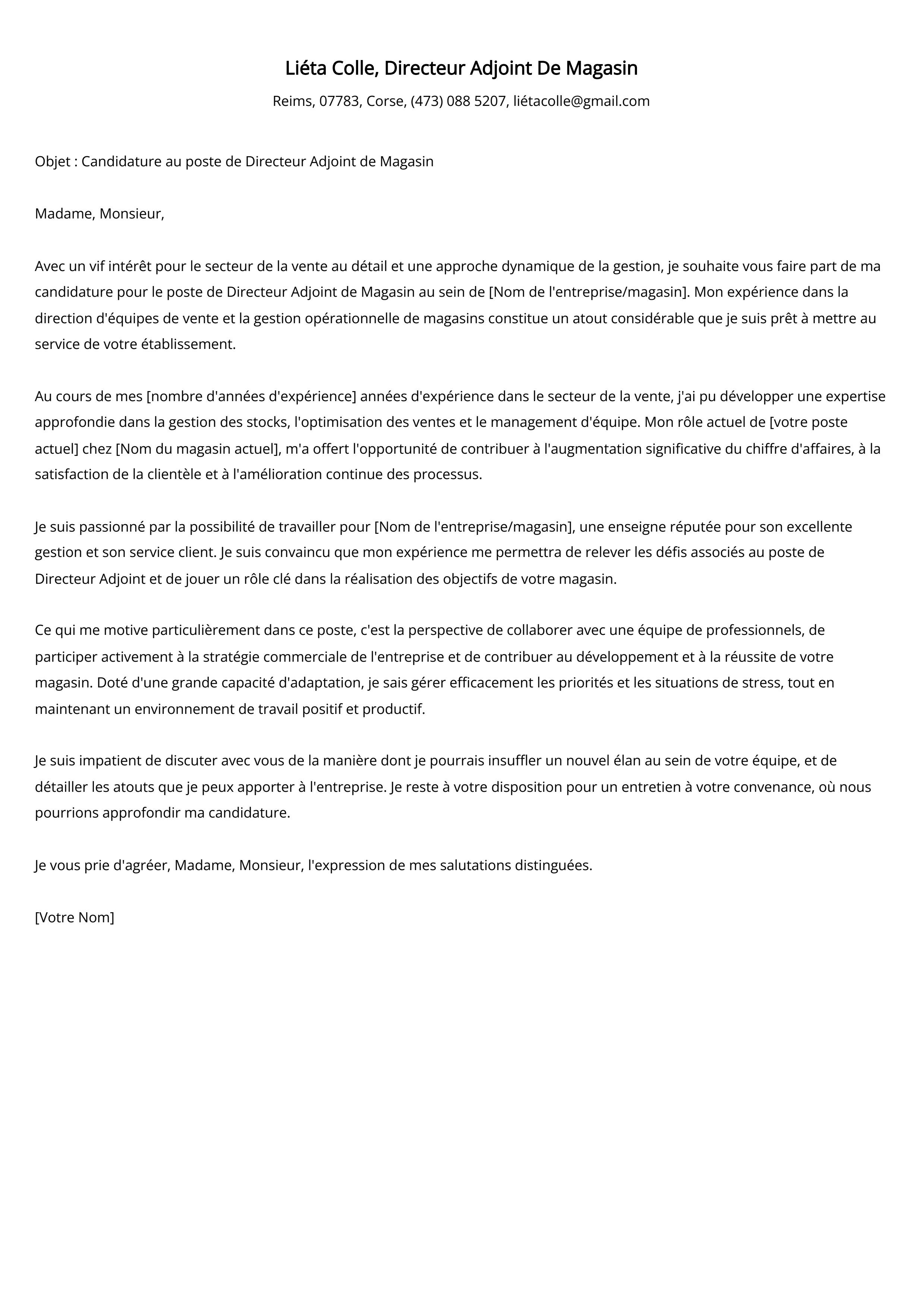 Directeur Adjoint De Magasin Cover Letter Example