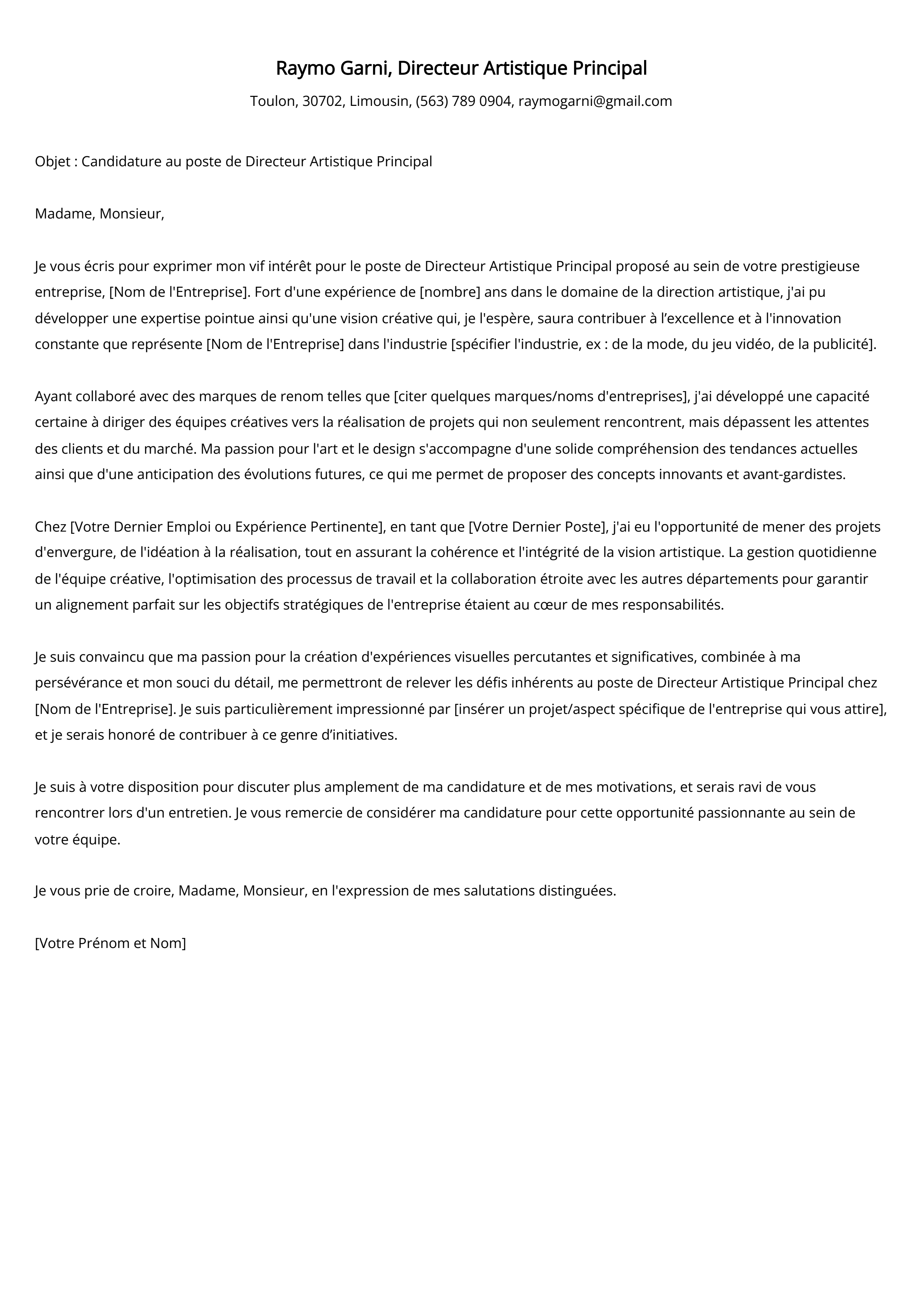 Directeur Artistique Principal Cover Letter Example