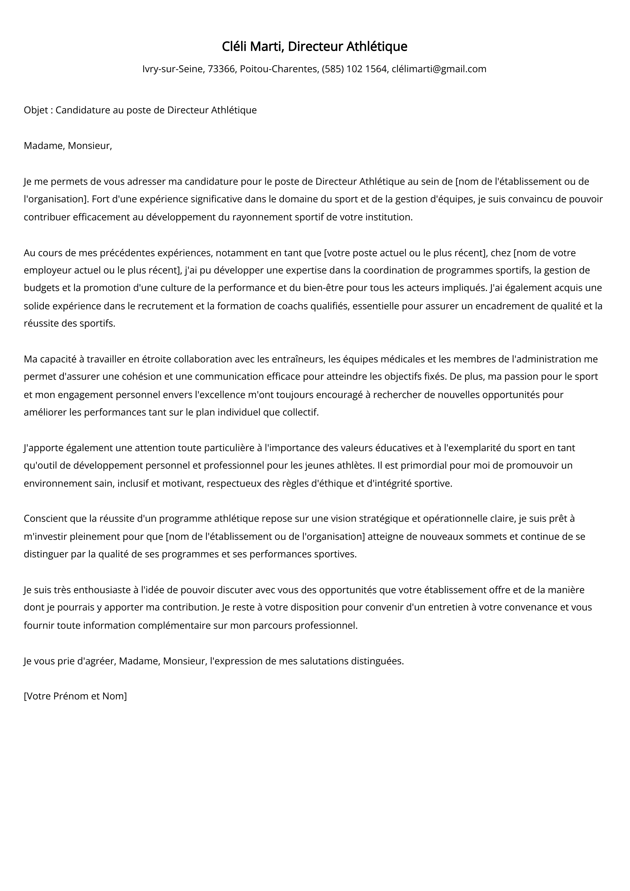 Exemple de lettre de motivation de directeur athlétique