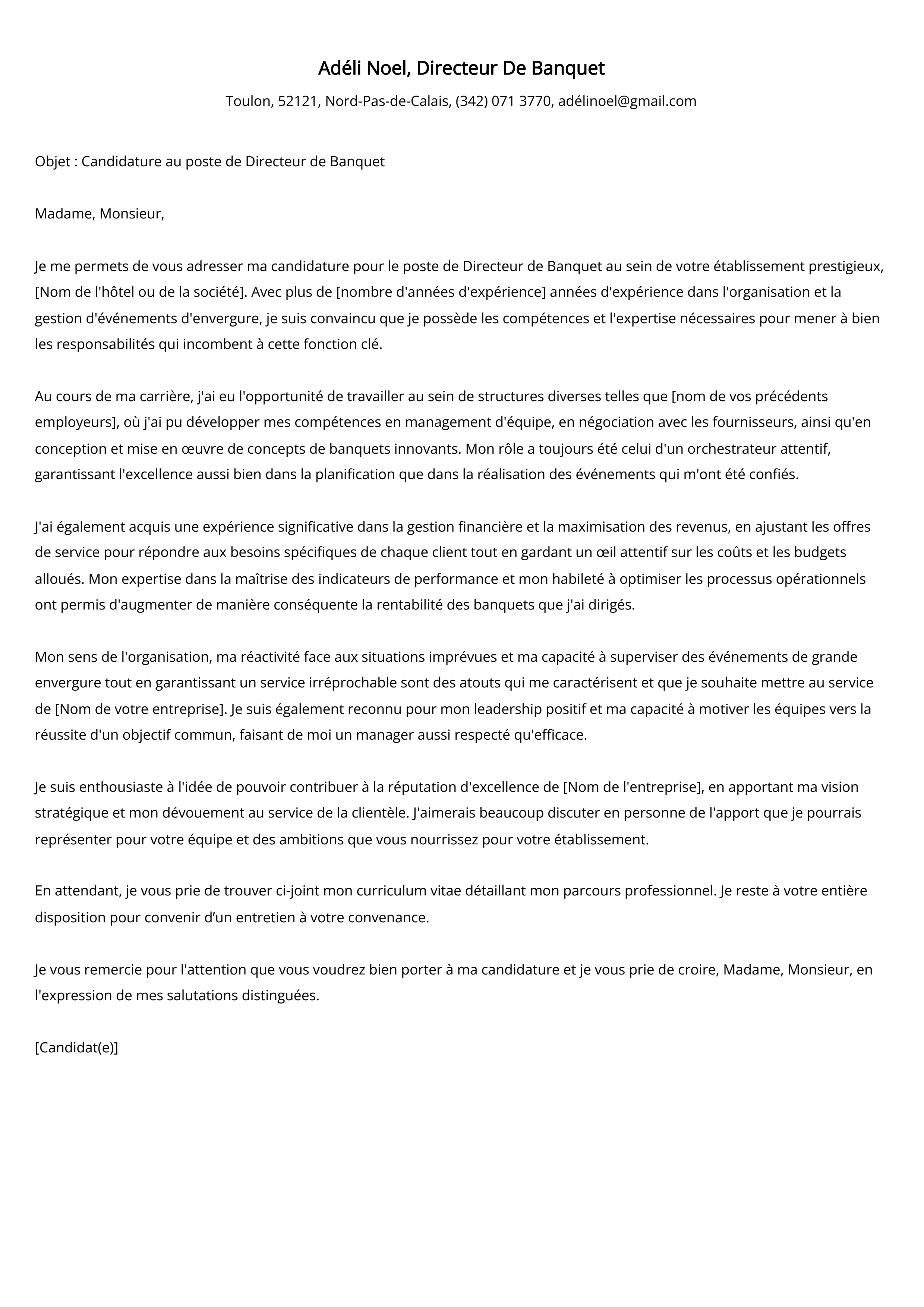 Exemple de lettre de couverture pour un directeur de banquet