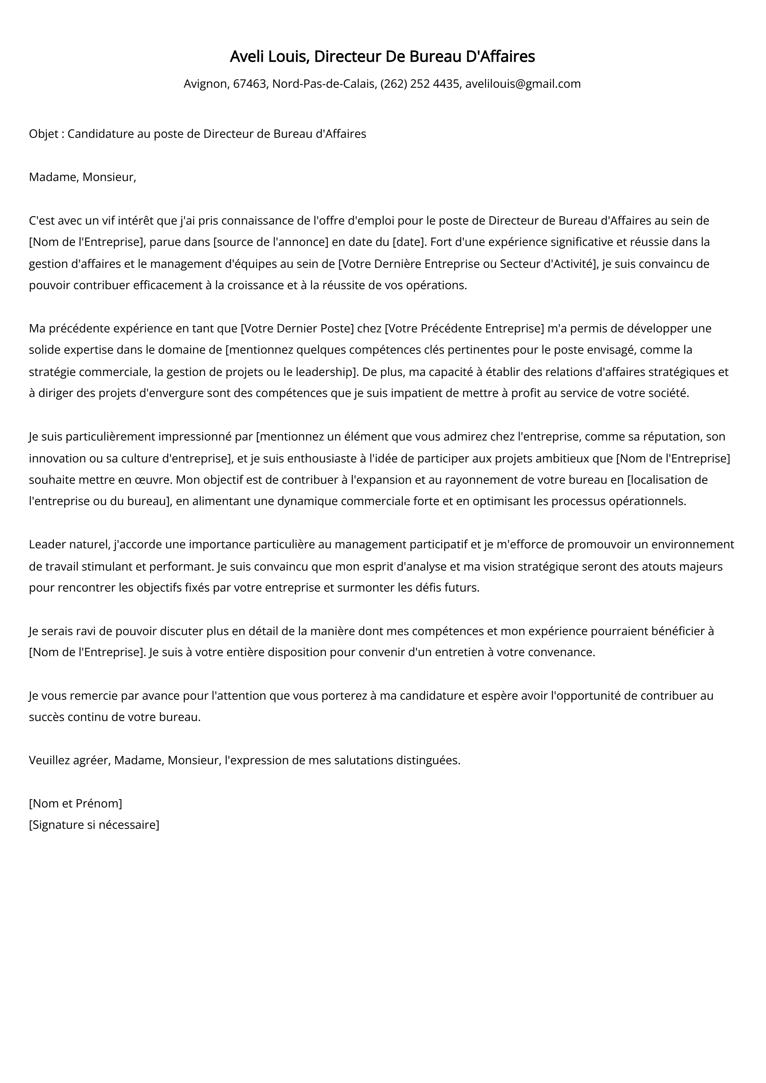 Directeur De Bureau D'Affaires Cover Letter Example