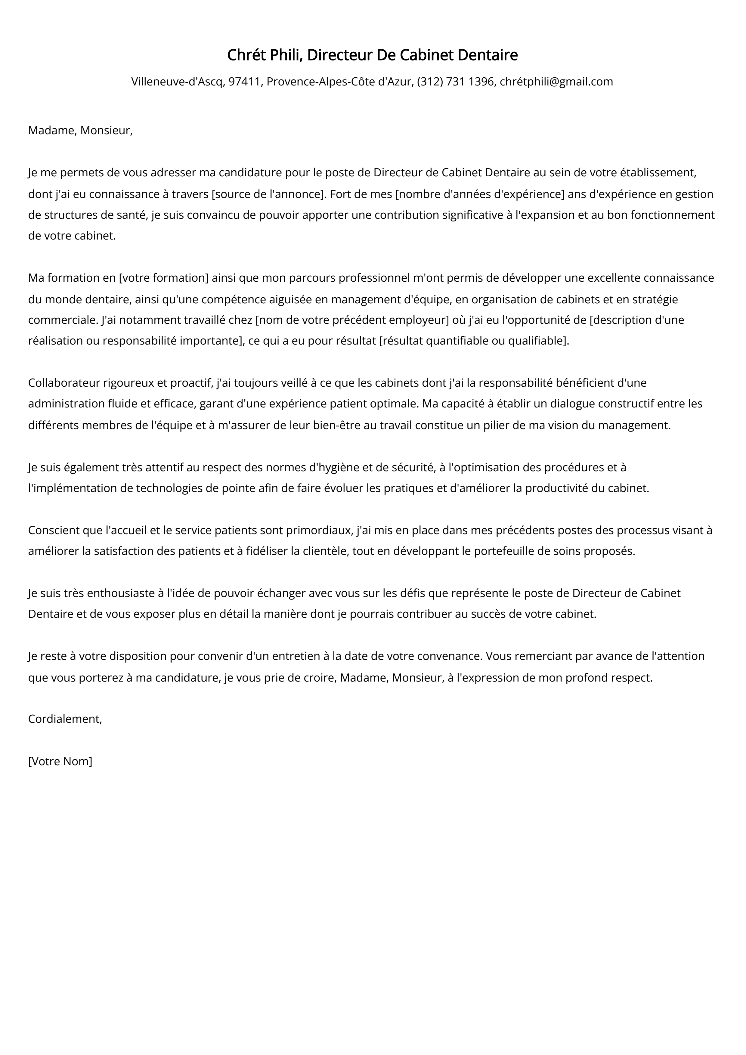 Directeur De Cabinet Dentaire Cover Letter Example