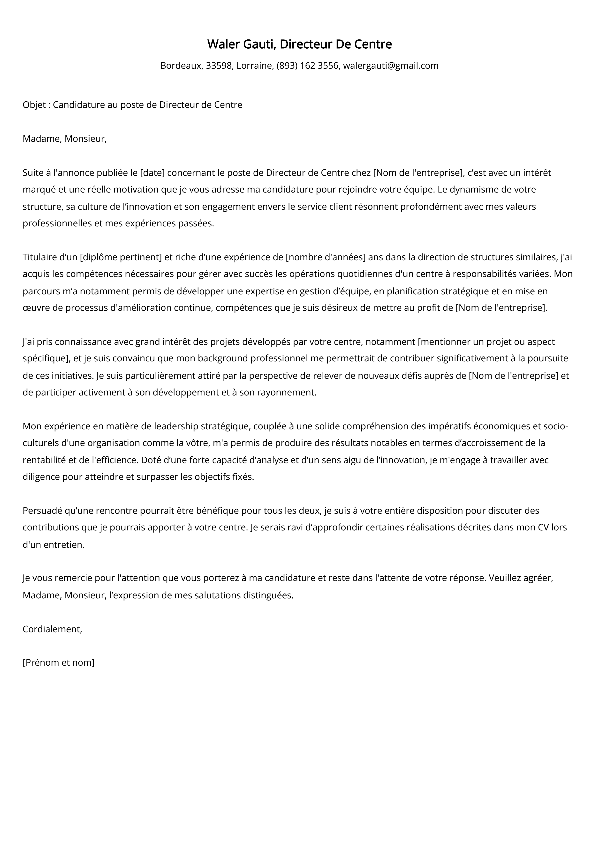 Exemple de lettre de motivation du directeur de centre