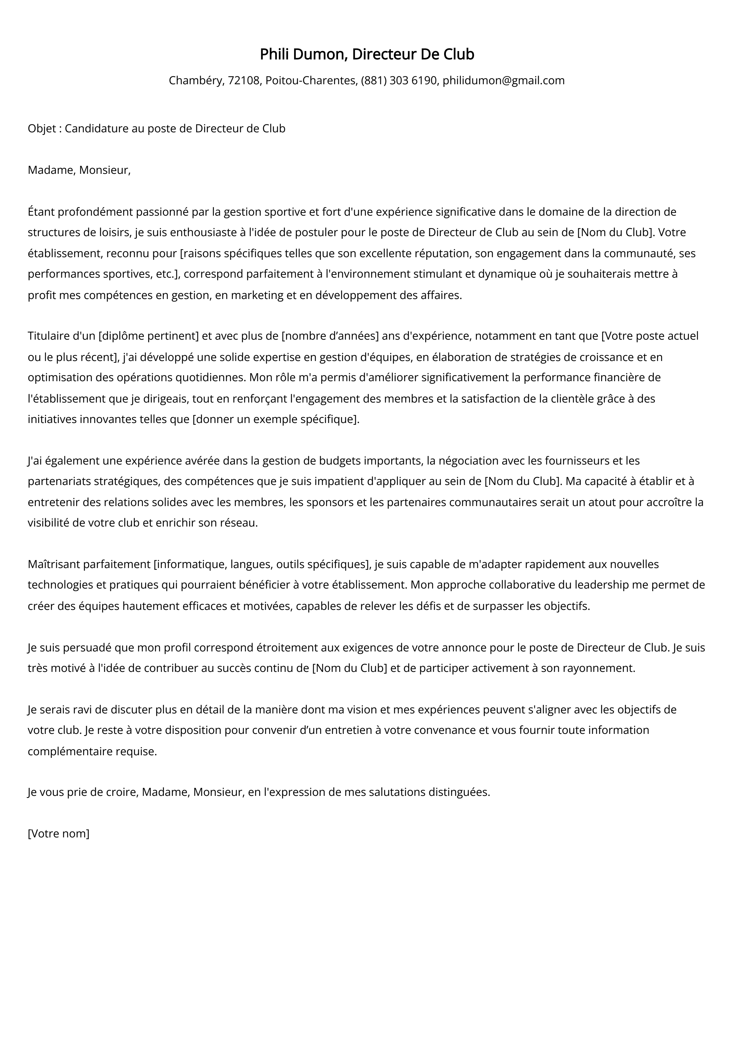 Exemple de lettre de motivation de directeur de club