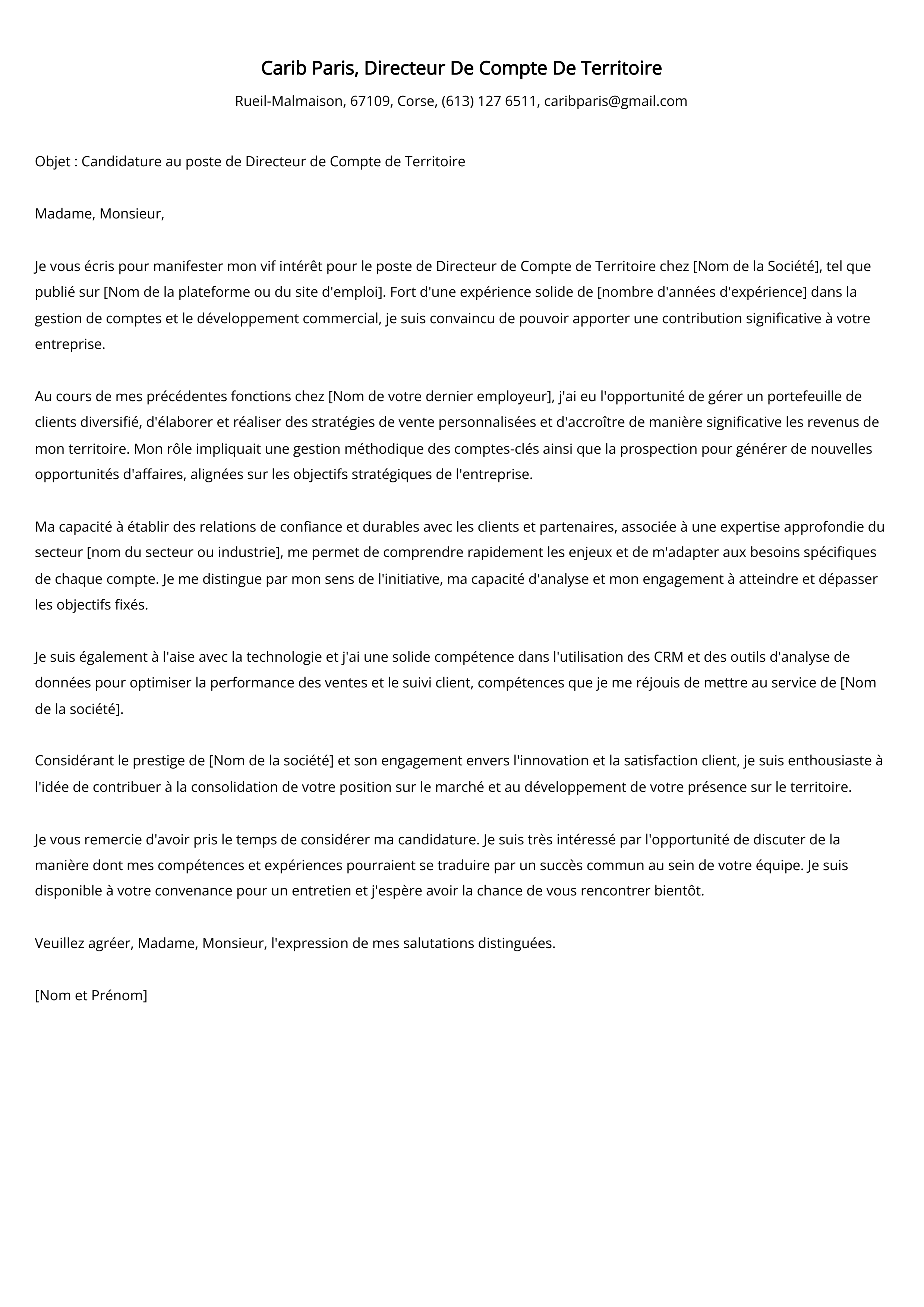 Directeur De Compte De Territoire Cover Letter Example