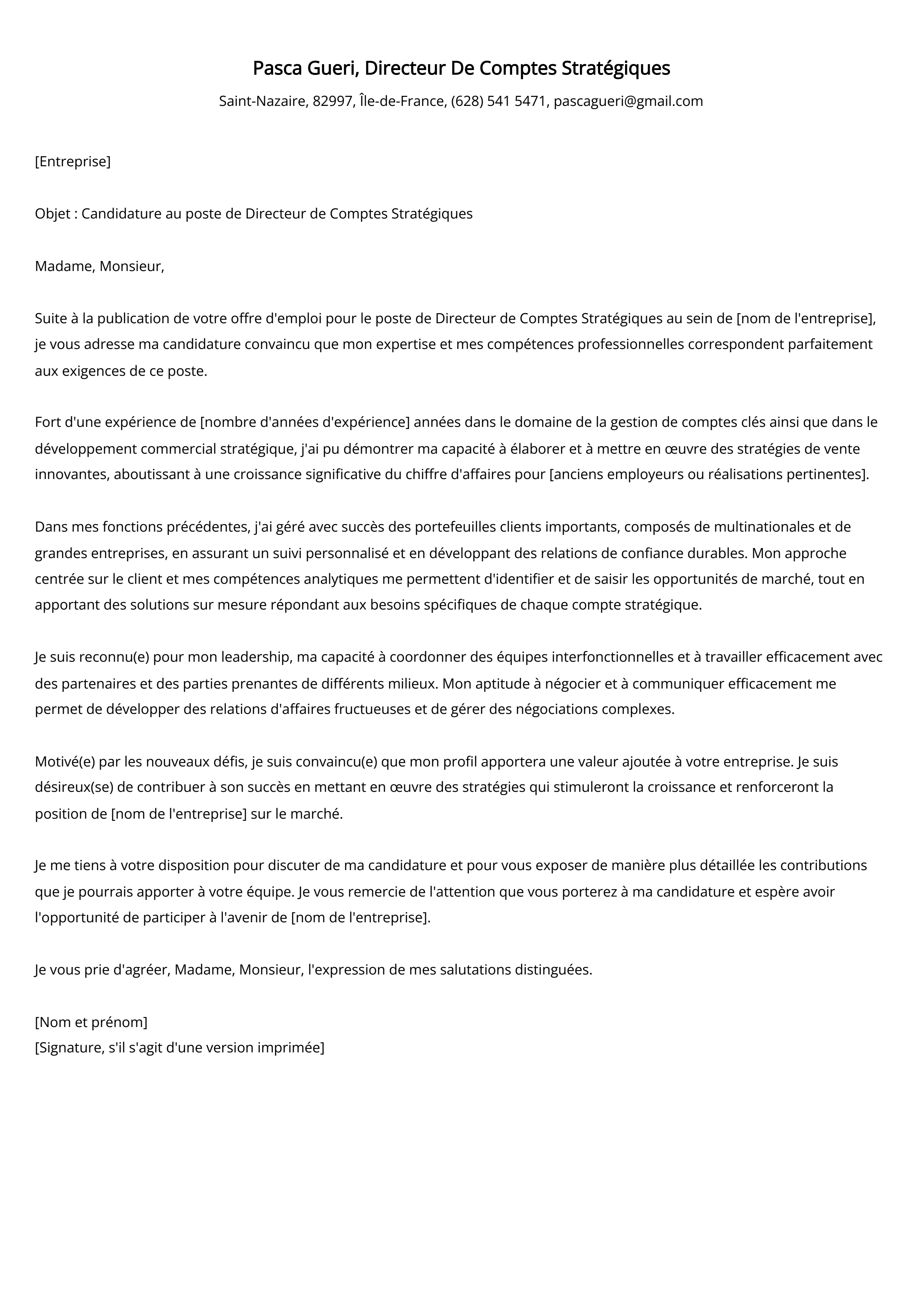 Directeur De Comptes Stratégiques Cover Letter Example