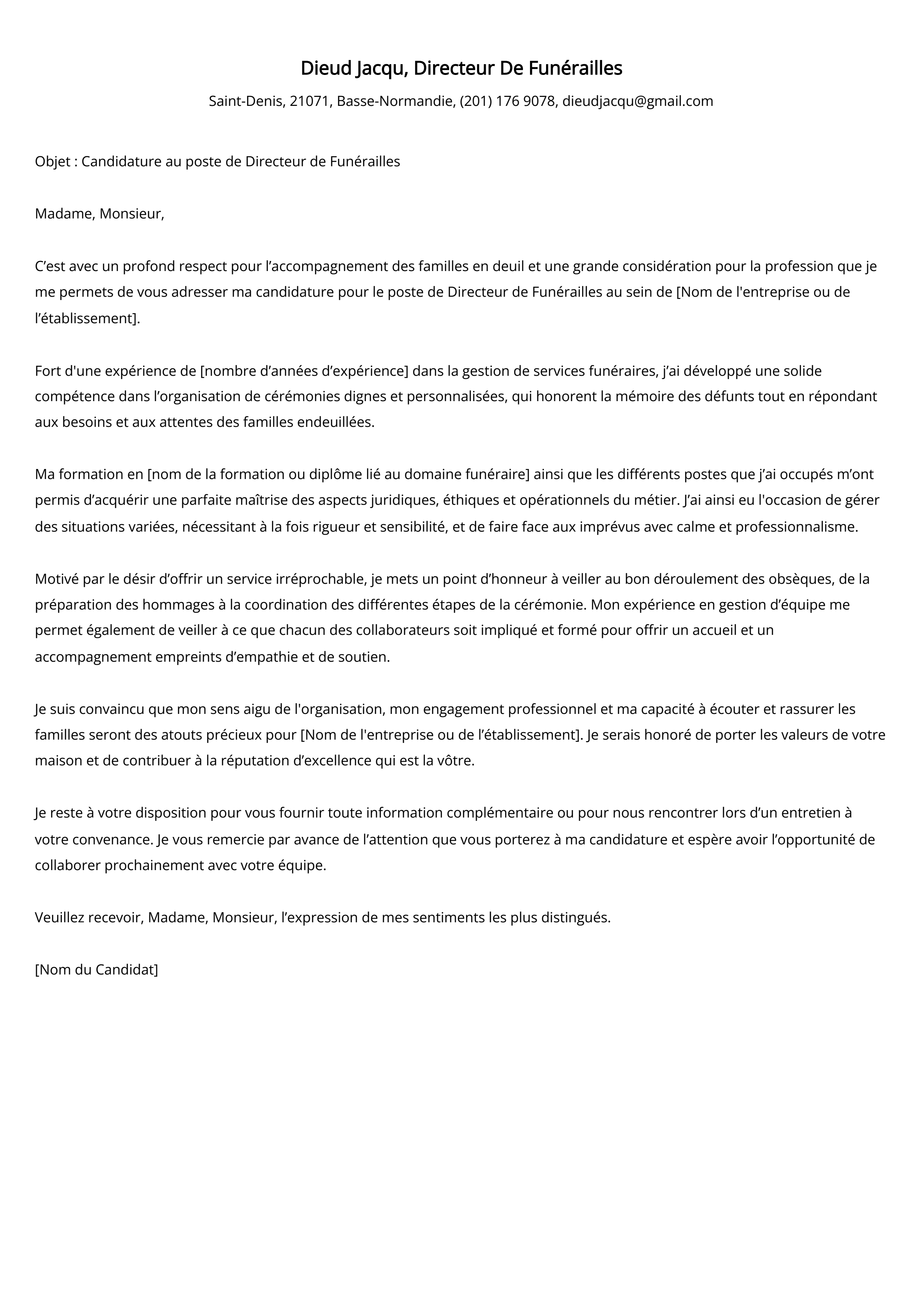 Exemple de lettre de motivation pour Directeur De Funérailles