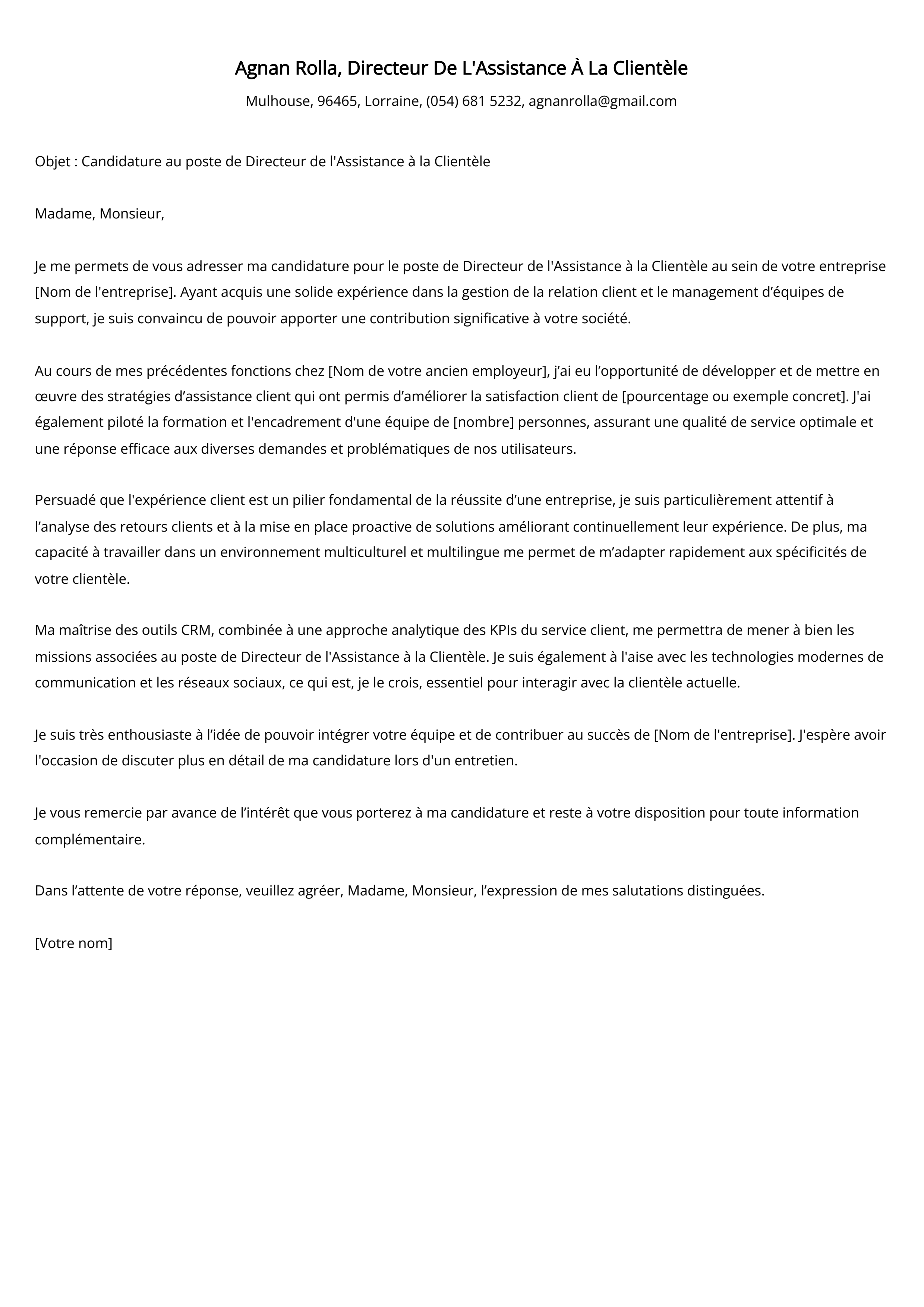 Directeur De L'Assistance À La Clientèle Exemple de lettre de motivation