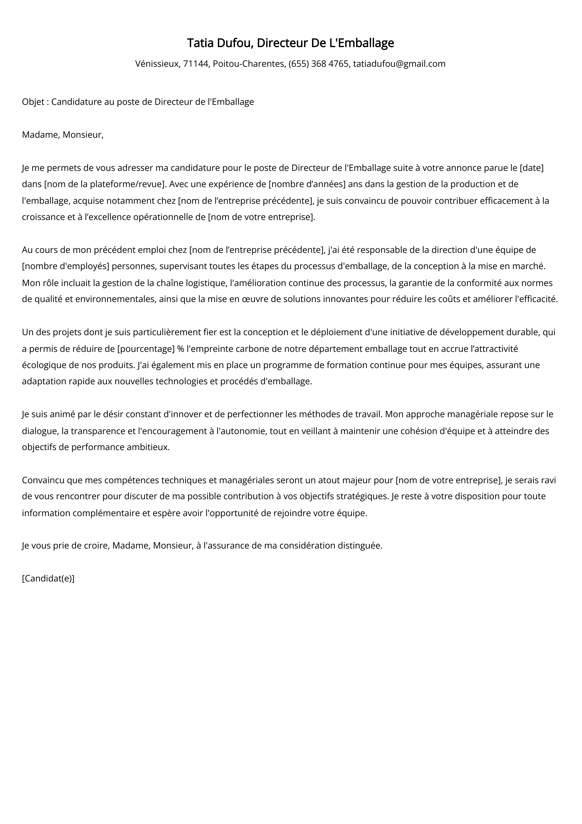 Exemple de lettre de motivation pour le directeur de l'emballage