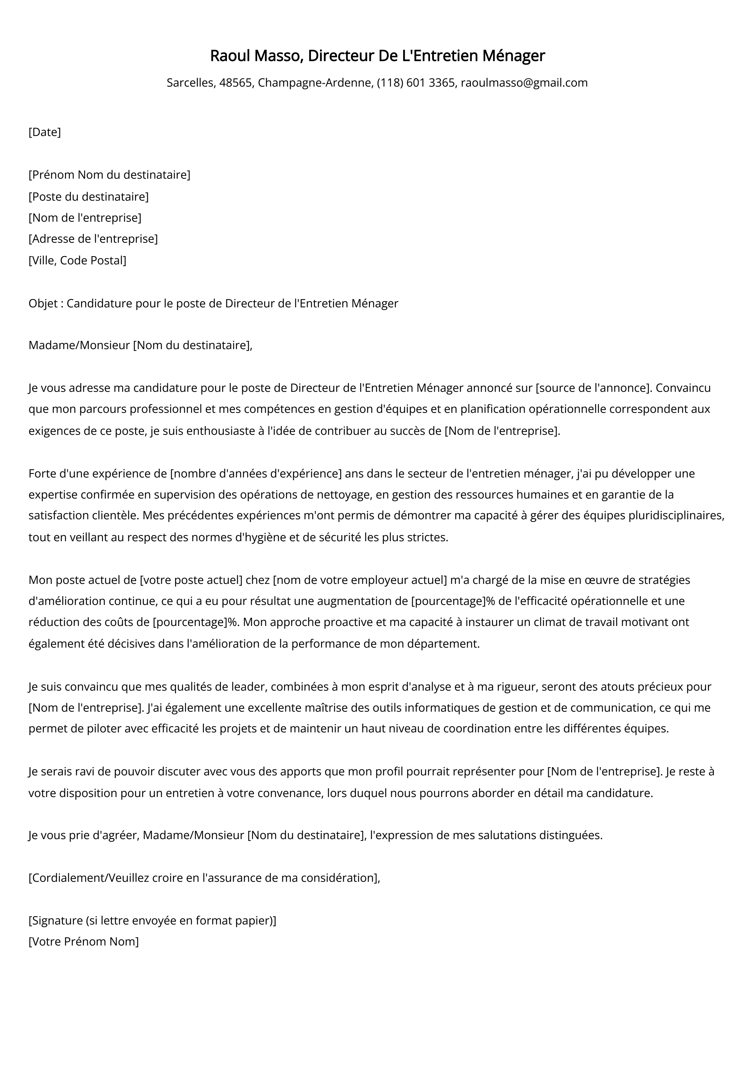 Directeur De L'Entretien Ménager Cover Letter Example