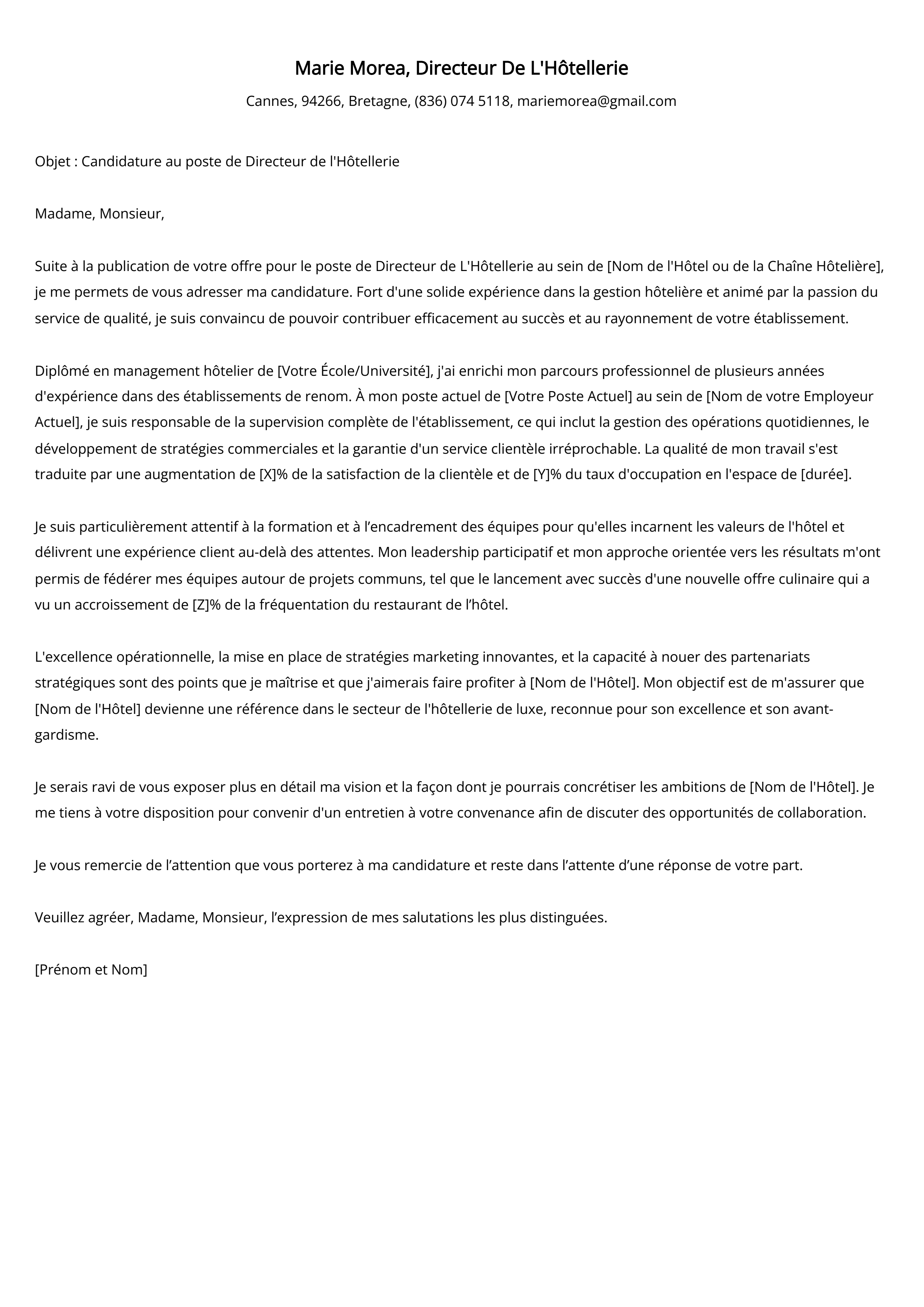 Exemple de lettre de motivation pour le directeur de l'hôtellerie