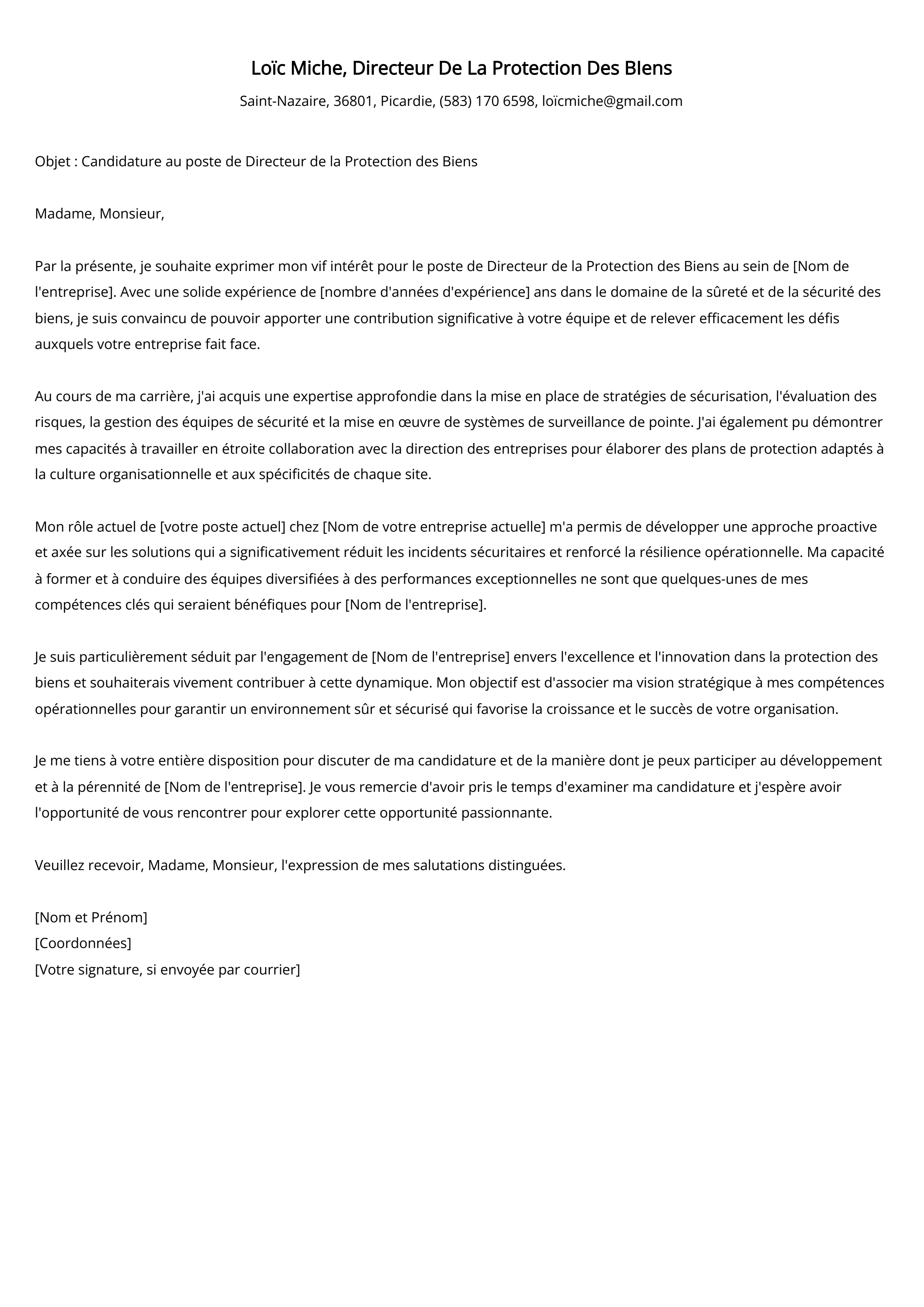 Directeur De La Protection Des BIens Exemple de lettre de motivation