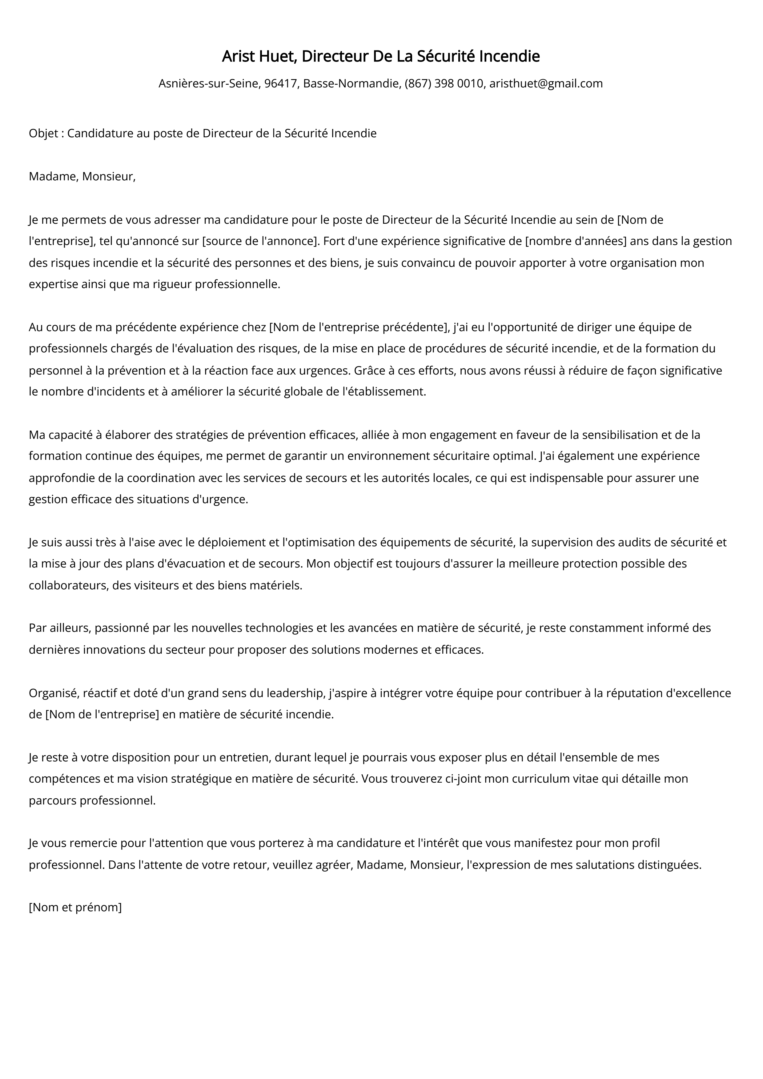 Directeur De La Sécurité Incendie Cover Letter Example