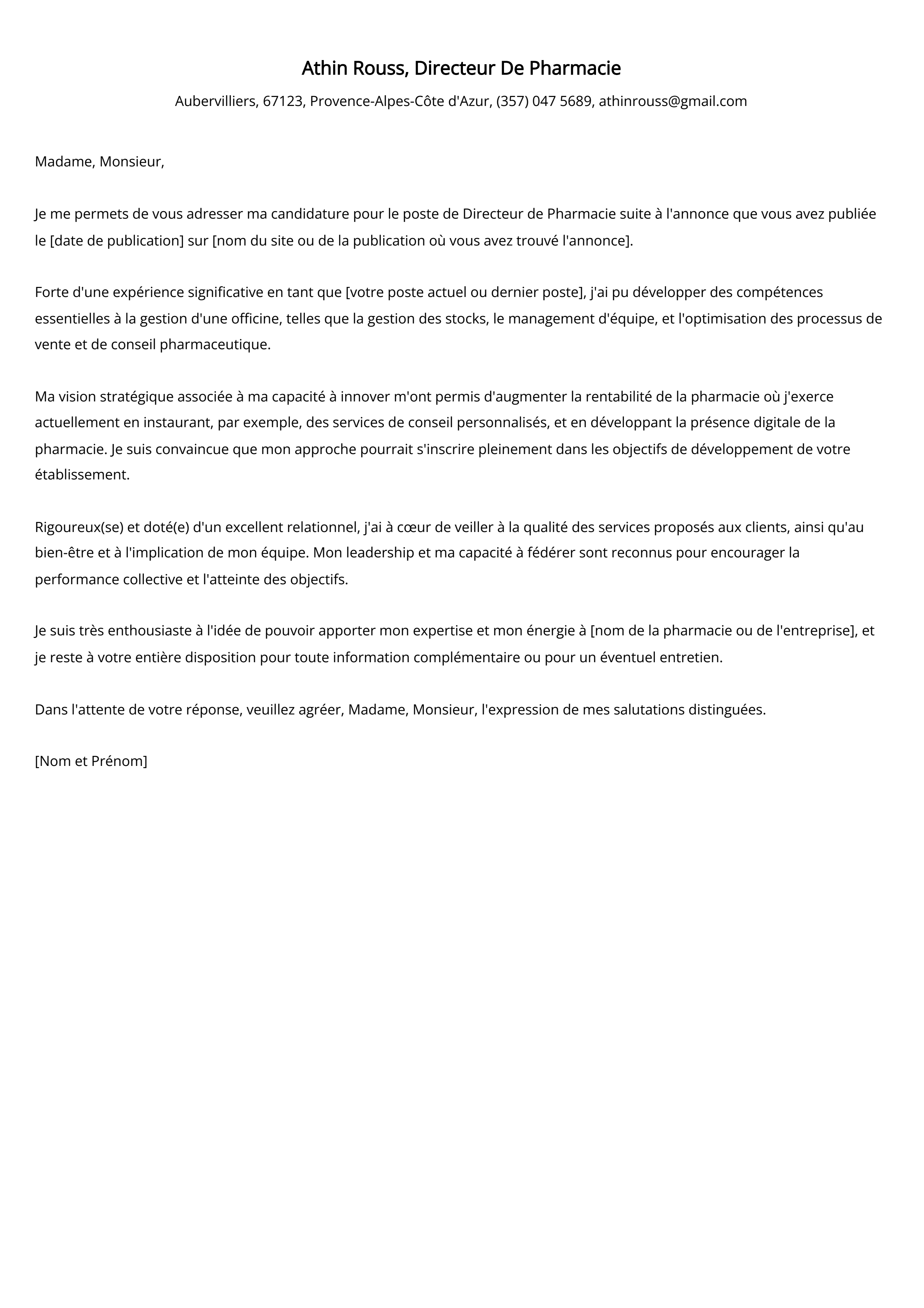 Exemple de lettre de motivation pour Directeur De Pharmacie