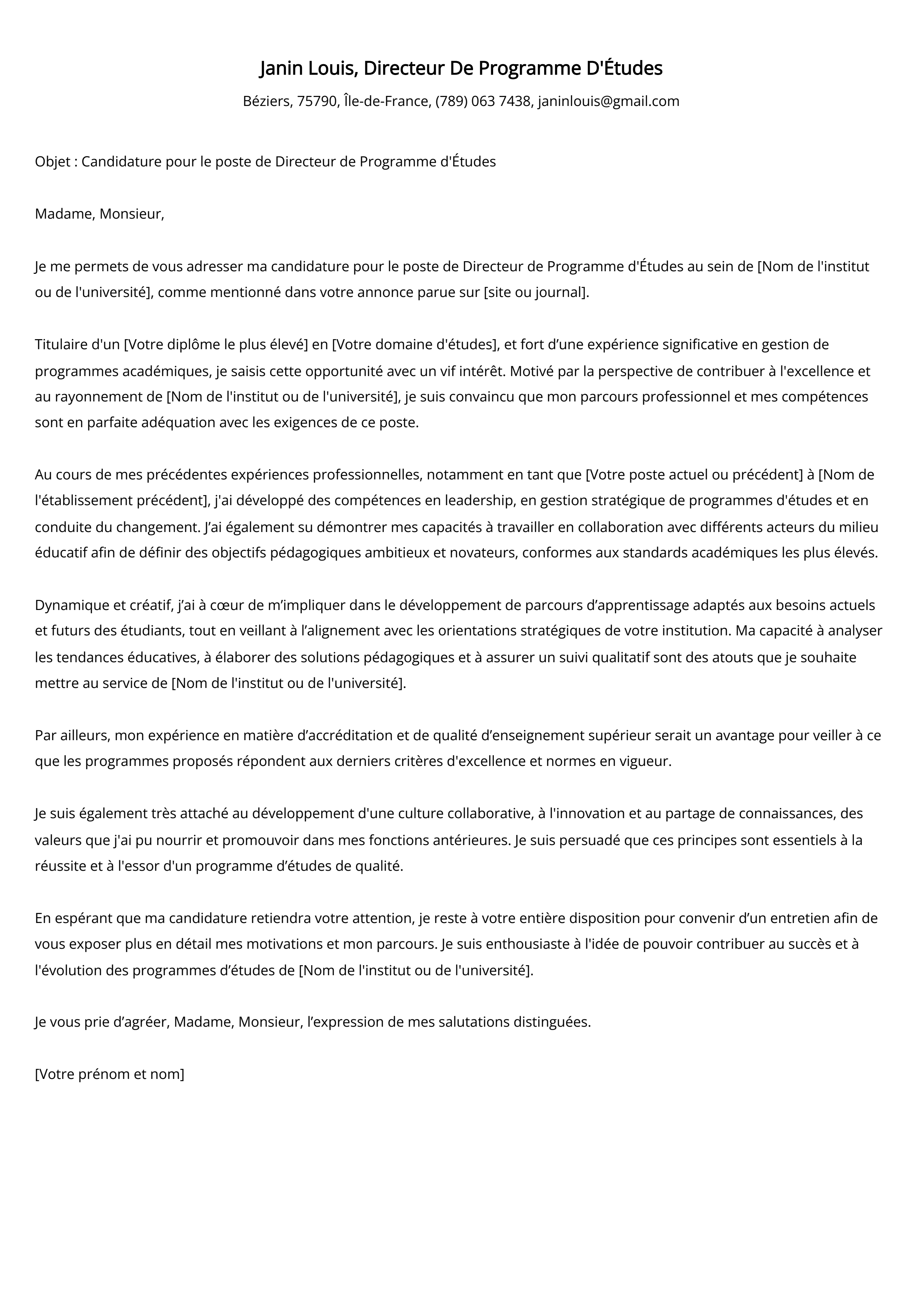 Directeur De Programme D'Études Cover Letter Example