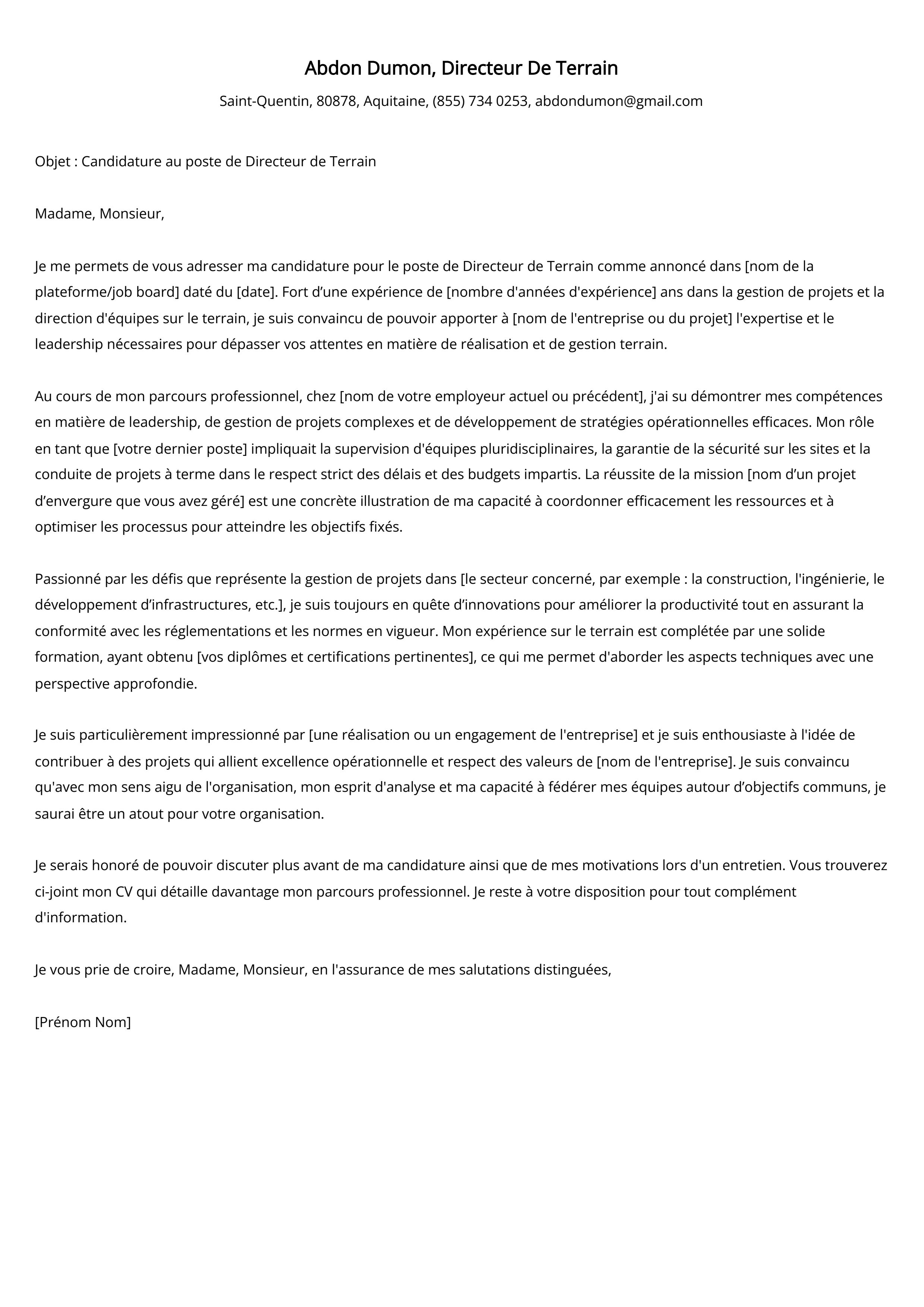 Exemple de lettre de motivation pour Directeur De Terrain