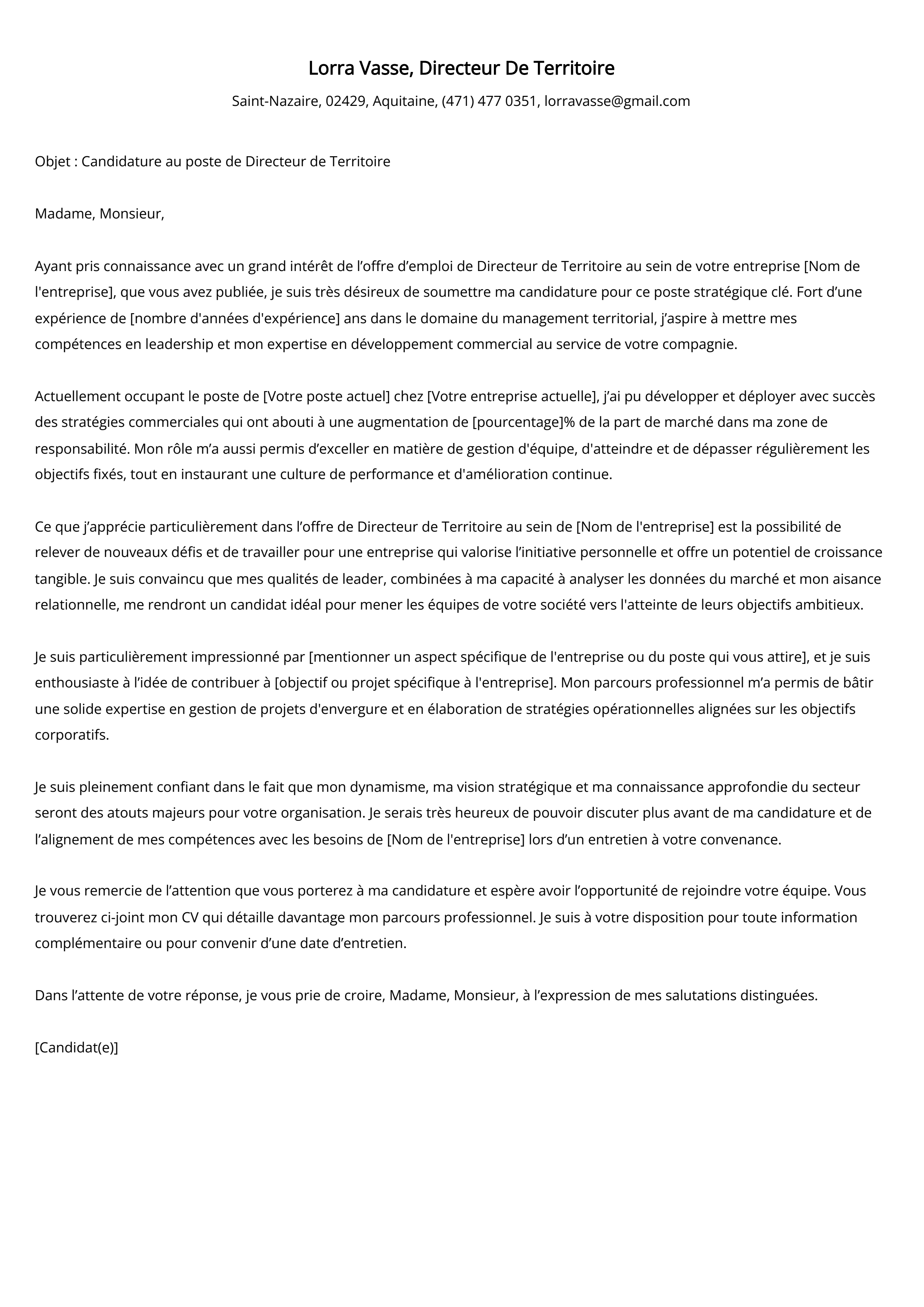 Exemple de lettre de motivation de directeur de territoire