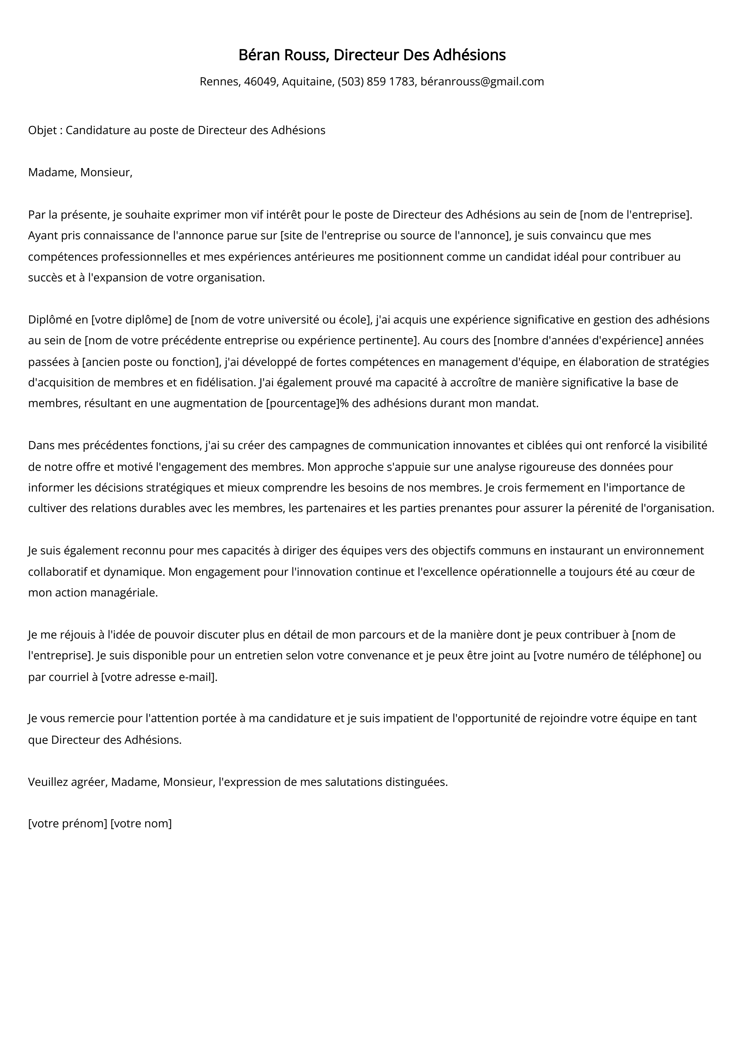 Directeur Des Adhésions Cover Letter Example