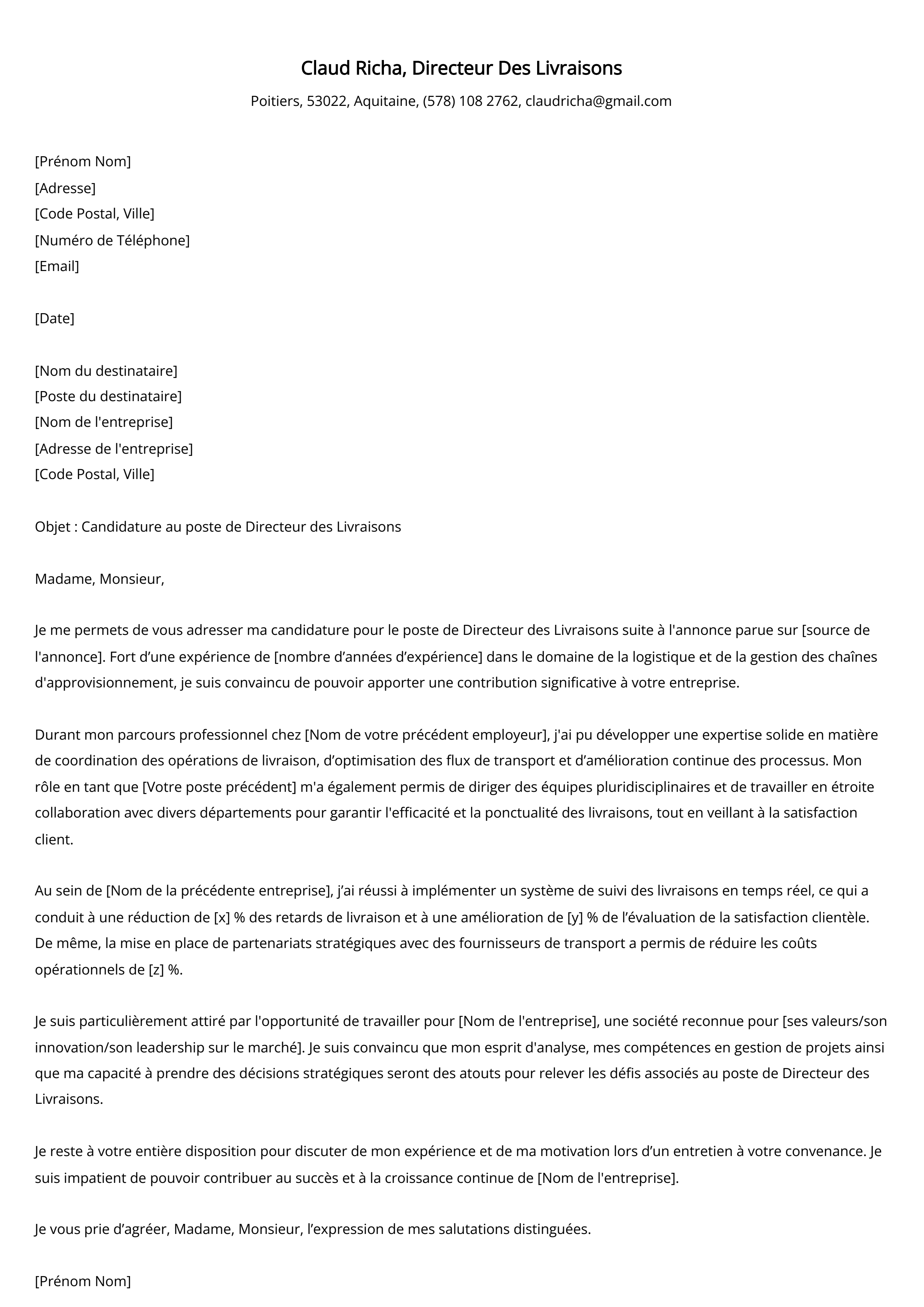 Exemple de lettre de motivation pour le directeur des livraisons