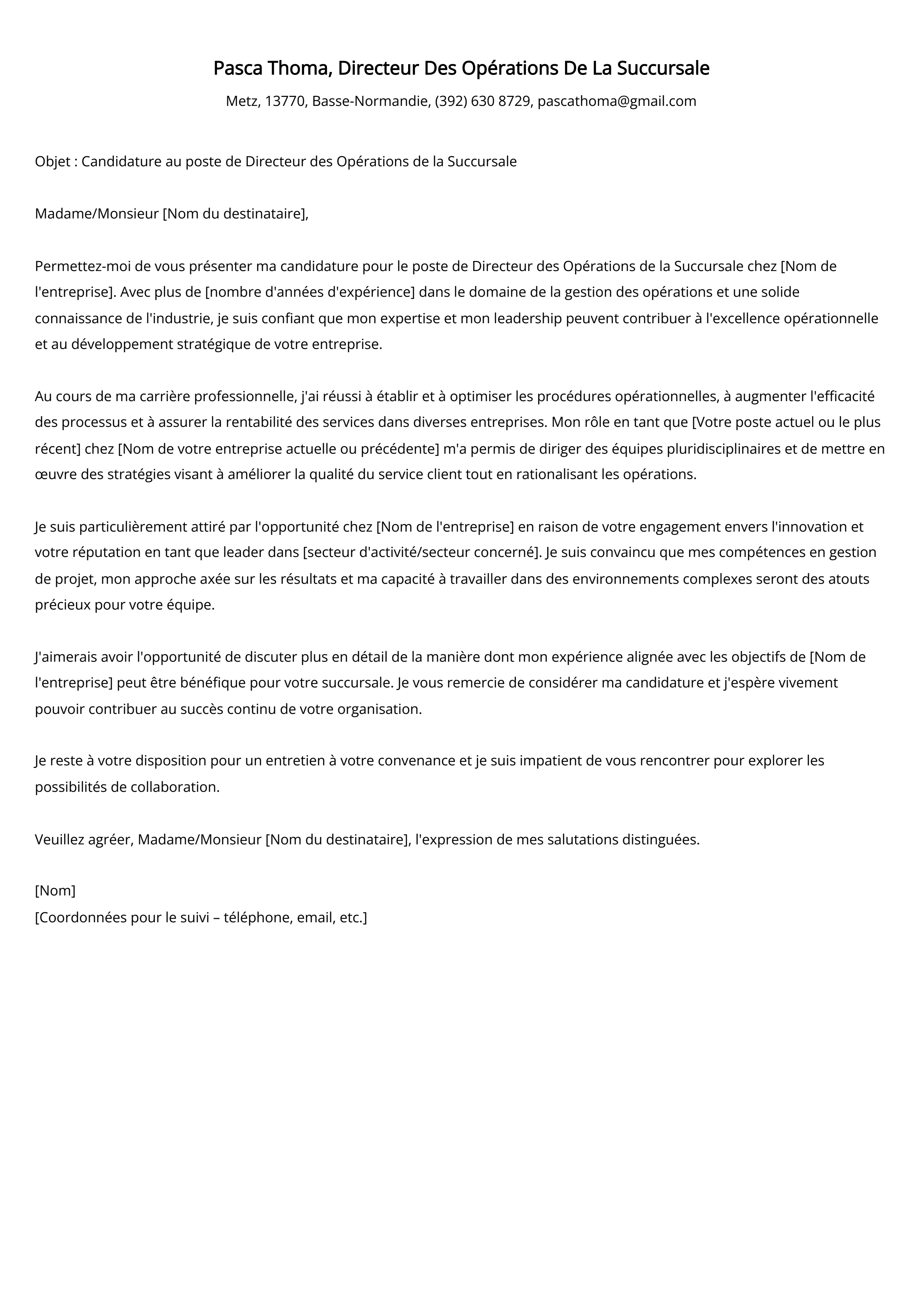 Directeur Des Opérations De La Succursale Cover Letter Example