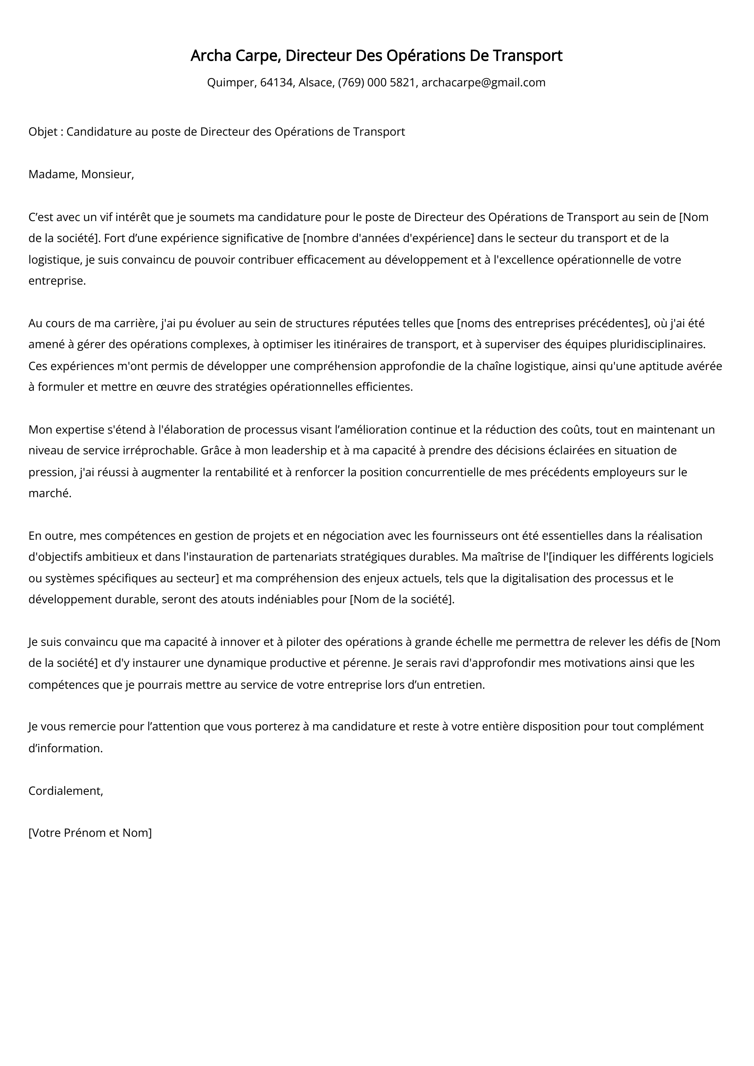 Directeur Des Opérations De Transport Cover Letter Example