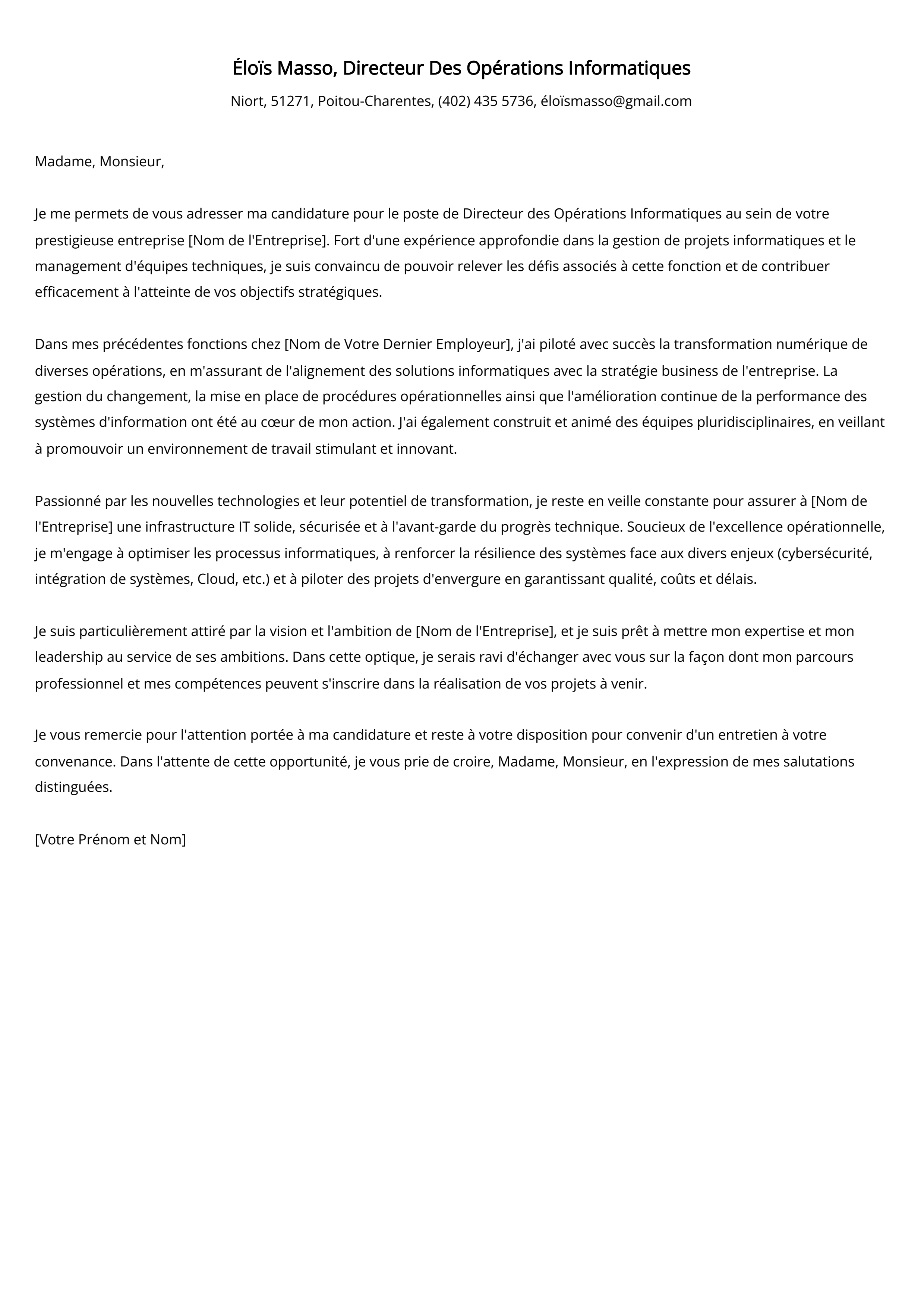 Directeur Des Opérations Informatiques Cover Letter Example