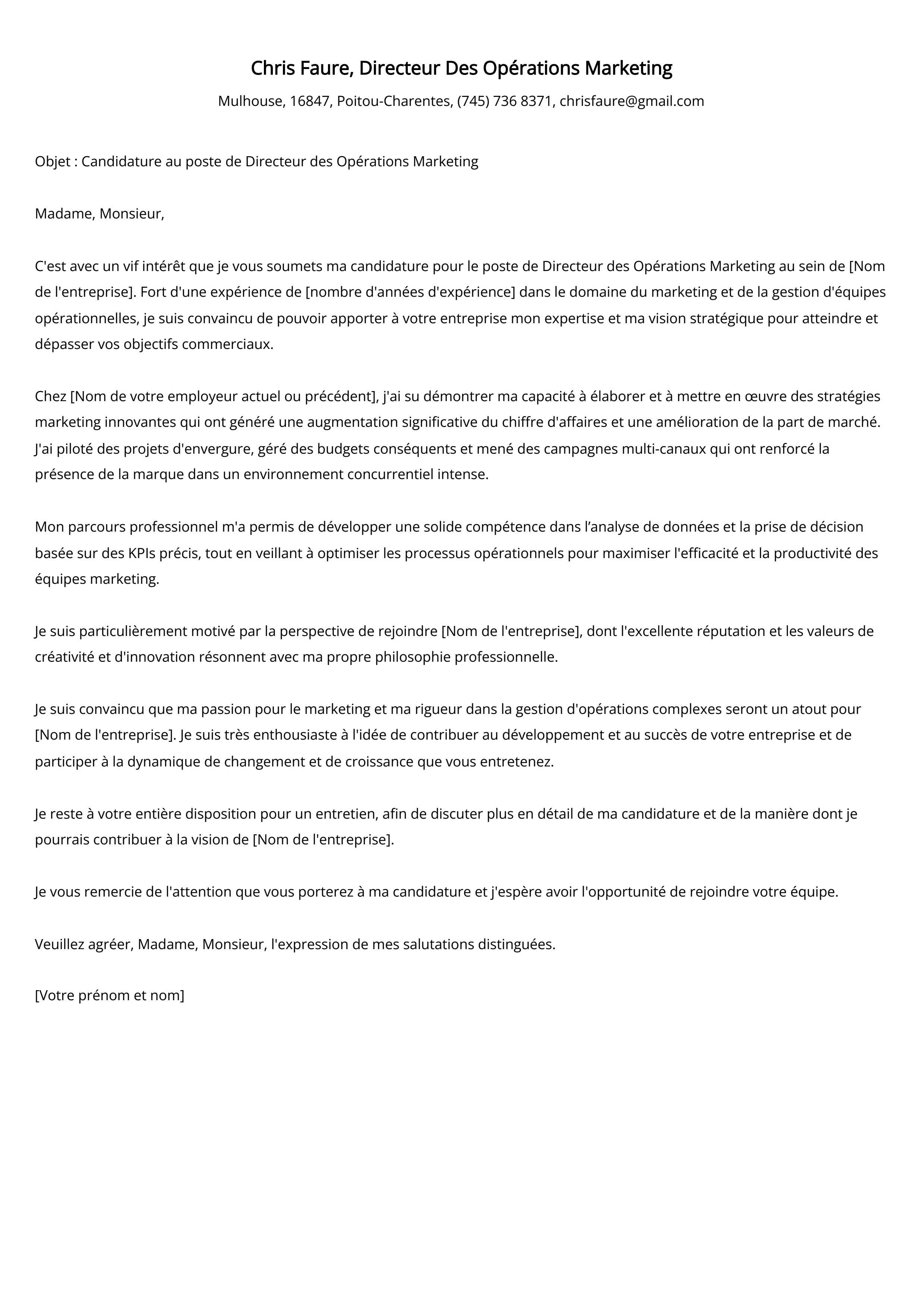 Directeur Des Opérations Marketing Cover Letter Example