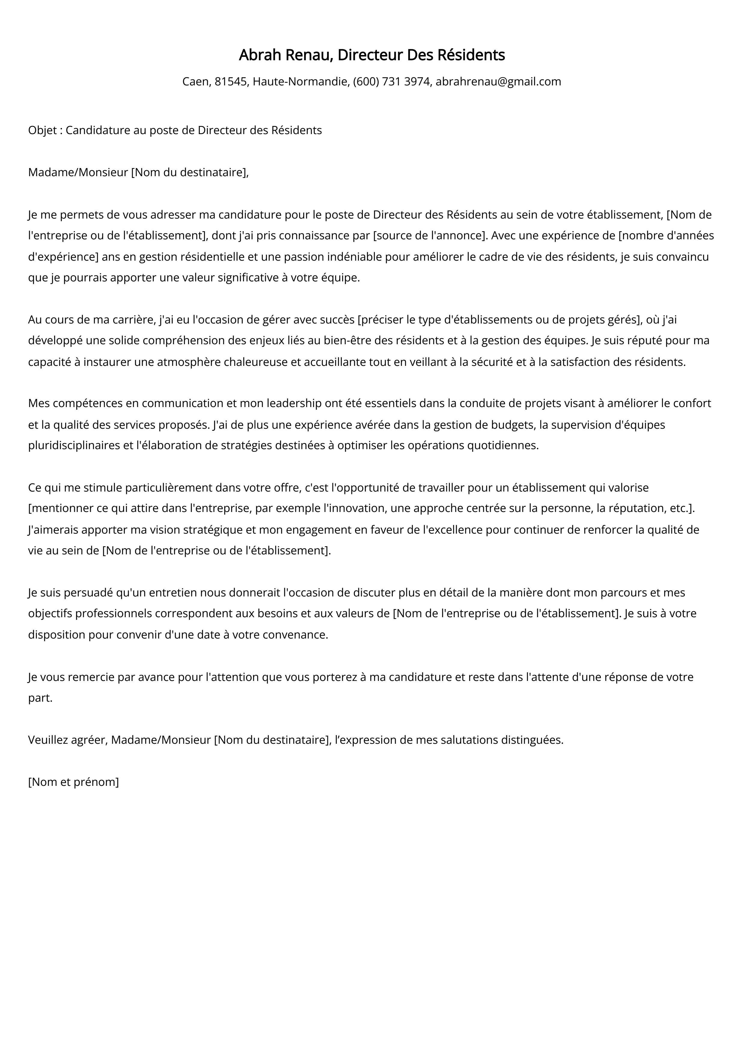 Directeur Des Résidents Cover Letter Example