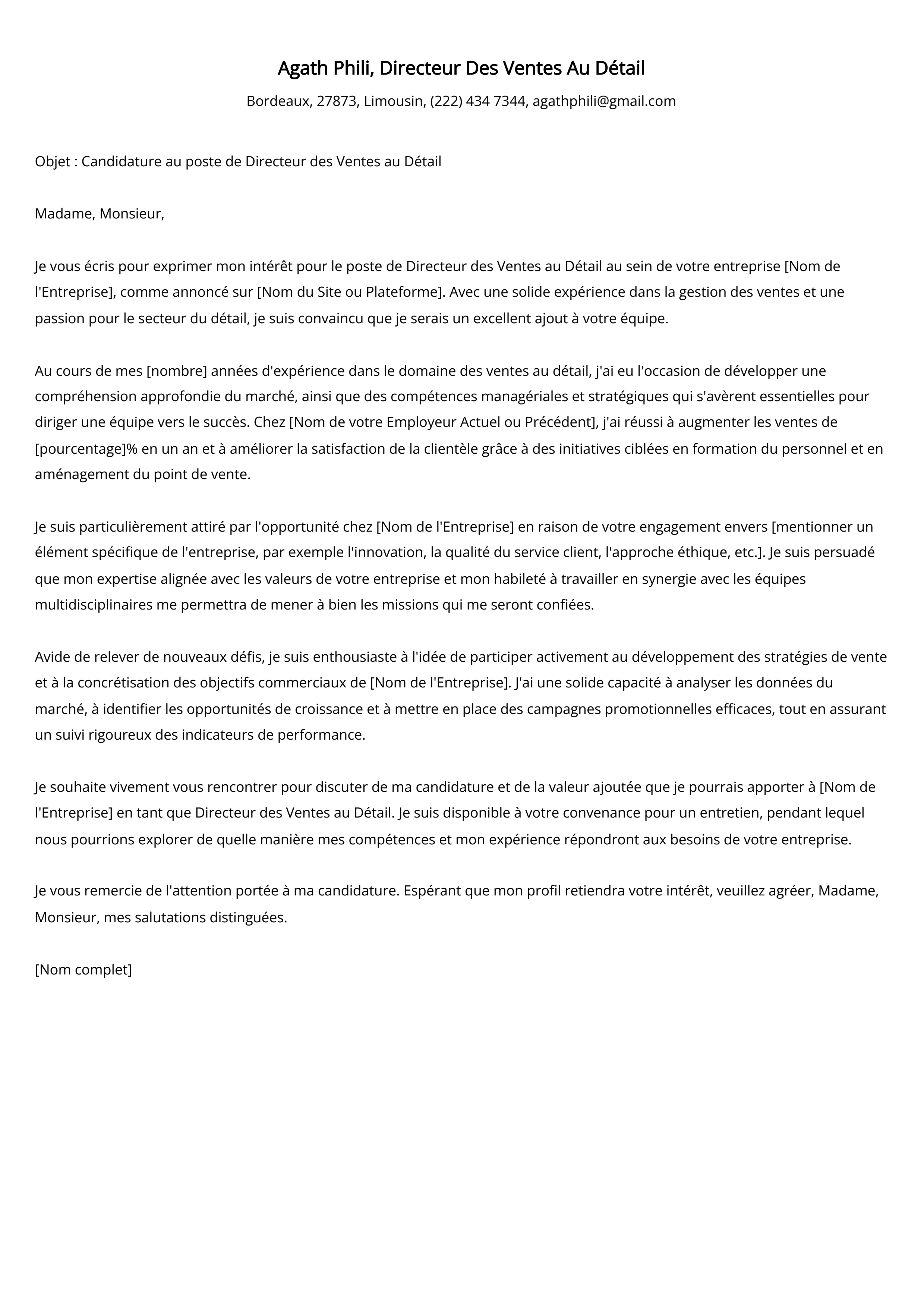 Directeur Des Ventes Au Détail Cover Letter Example