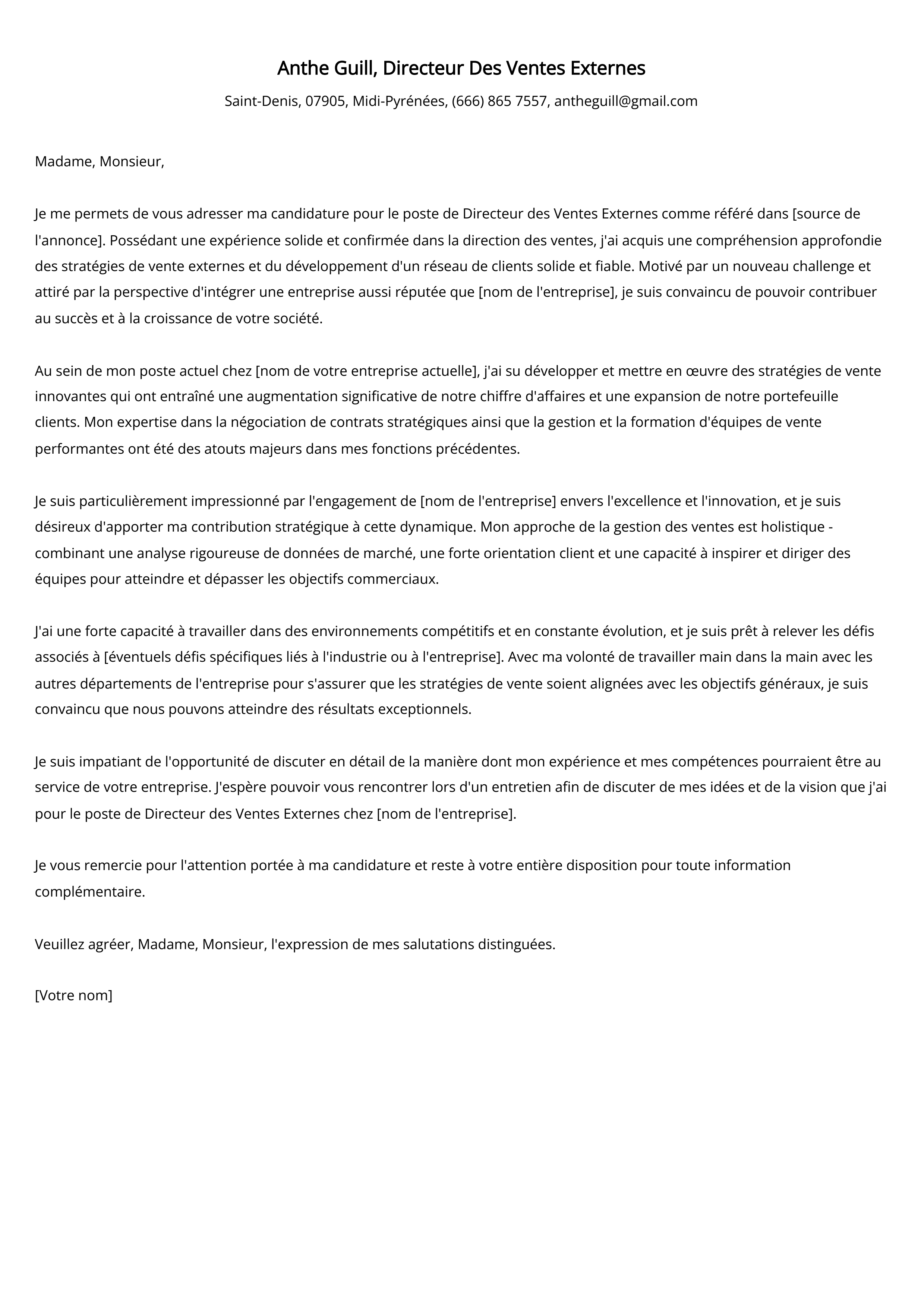 Directeur Des Ventes Externes Cover Letter Example